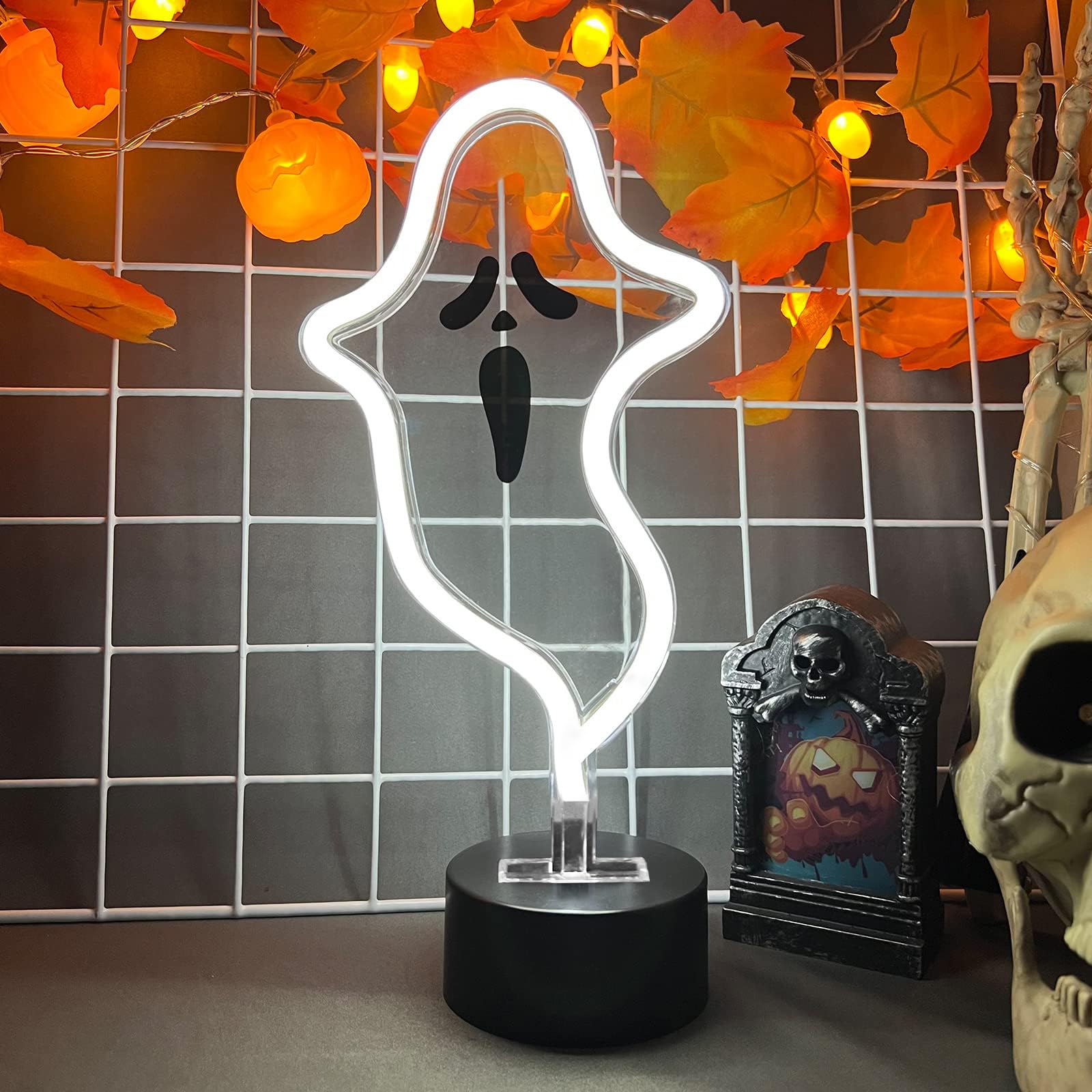 Halloween Ghost Neon Sign, Halloween Decoration LED Ghost Neon Light Sign with Base, Ghost Shape Lamp with Battery or USB Powered for Halloween Part Bar Room Décor
