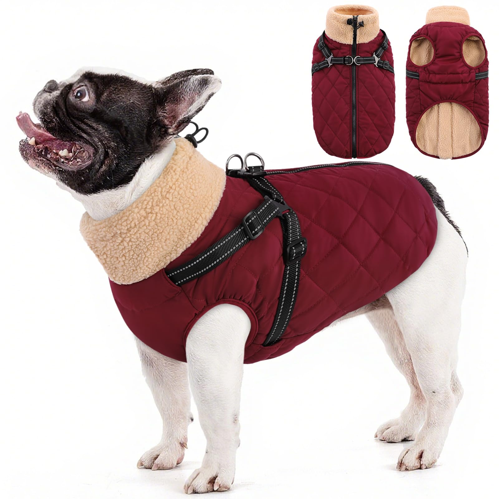 Queenmore Large Waterproof Dog Jacket with Built-in Harness - Quilted Fleece Lined Coat for French Bulldog/Cocker Spaniel/Whippet - Adjustable Collar & Snowproof Design(Burgundy, L)
