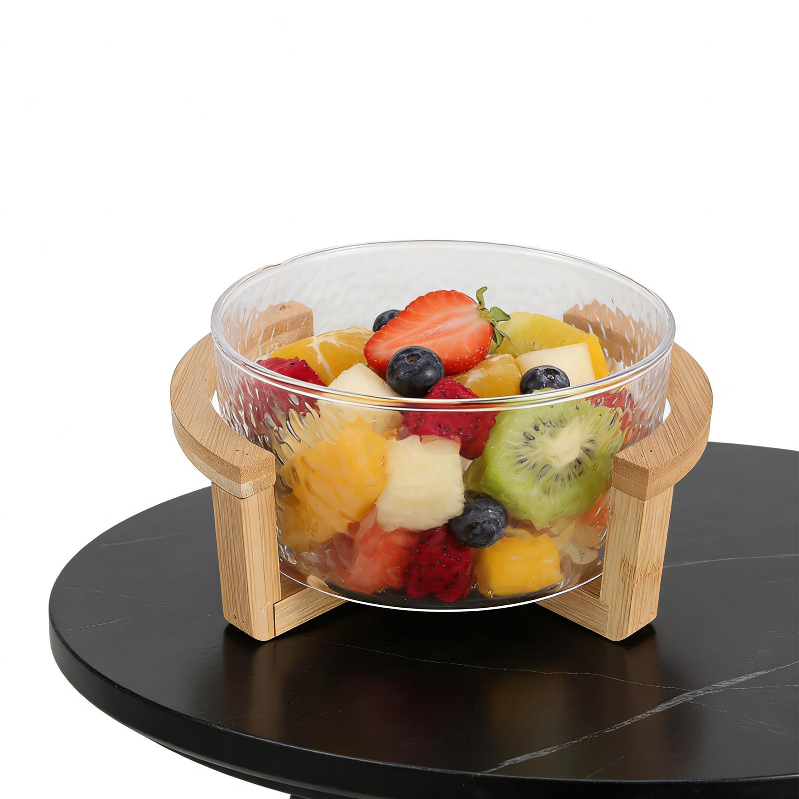 Bol para Ensalada de Vidrio con Soporte de Bambú Seguro, Tamaño 21x17.5x10cm, Diseño Elegante y Versátil para Servir Postres y Fiestas