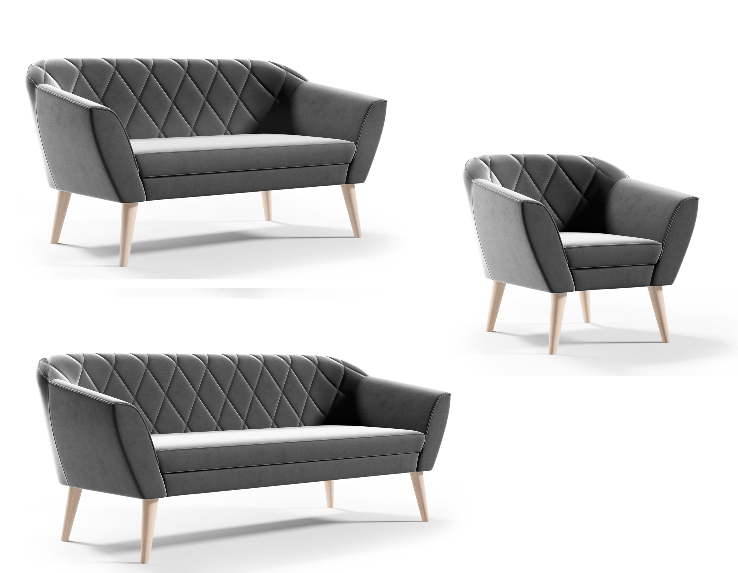 Couchgarnitur Gloria Wohnzimmerset 3+2+1 Sitzer Samt Hohe Holzfüße Buche (Riviera 91 grau)