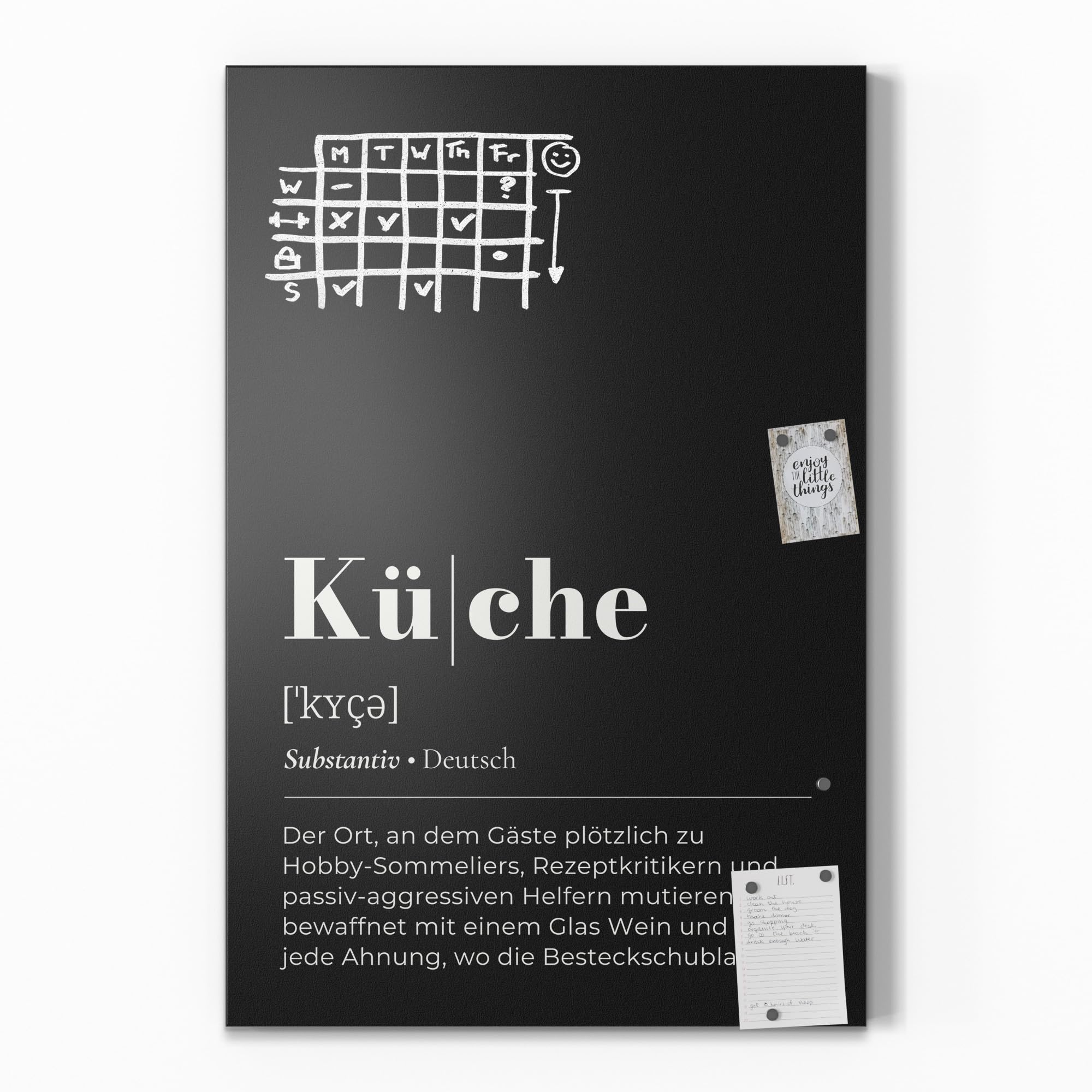 DEQORI Magnetische Kreidetafel mit UV-Druck | Motiv Küche - Definition | Design rechteckig 60x90 cm | Kreide Metalltafel beschreibbar – Wanddeko für Küche, Flur, Kinderzimmer & Büro