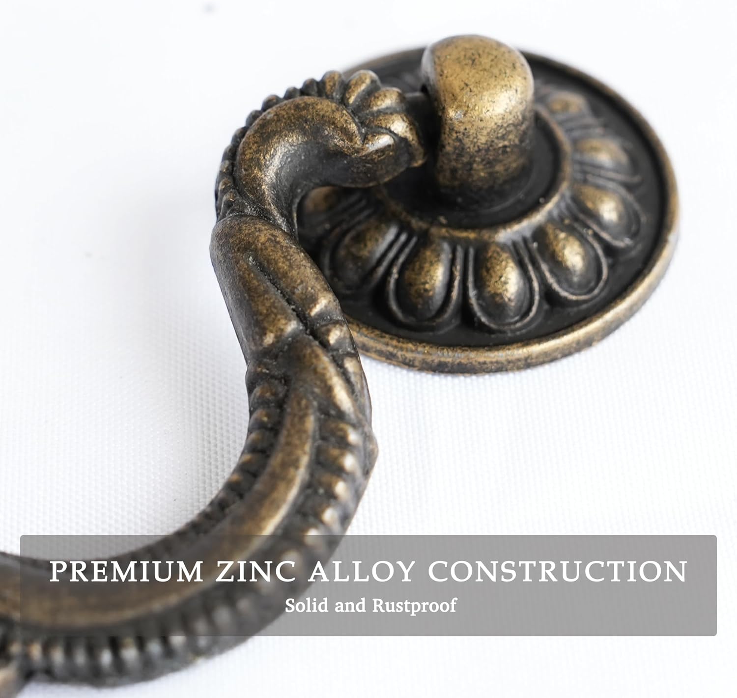 Antique Brass Drop Bail Drawer Pulls 4 Pack, 3-7/8" Inch Hole Center, Ornate Cabinet Handles with Floral Base, Vintage European Style Hardware for Dresser