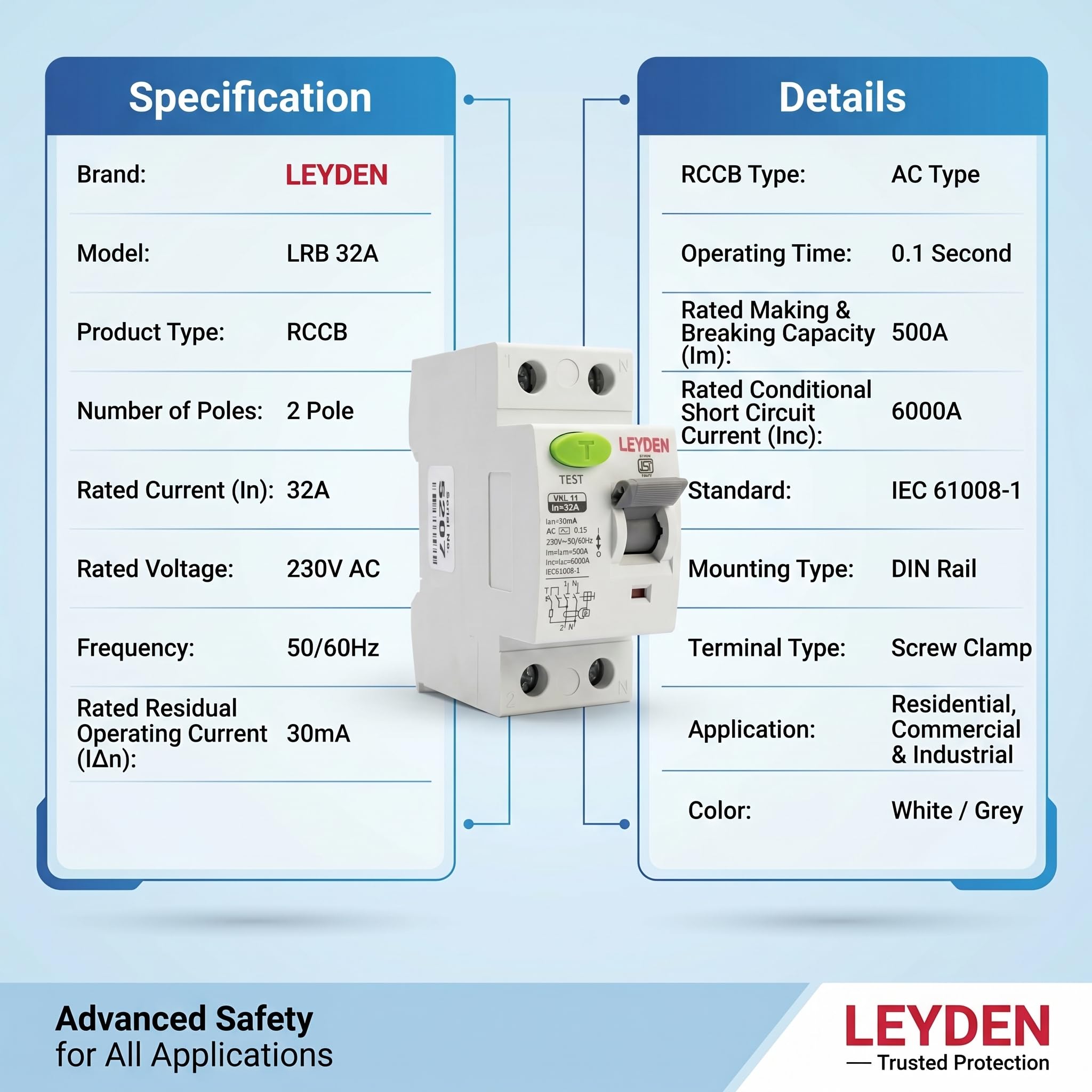 LEYDEN® LRB2P 32A, 220V, Single Phase 2 Pole ELCB, RCCB, Leakage Protection, Leakage Current 30 ma (Shock Guard) 3