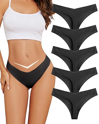 VOENXE String Tanga Damen Nahtlos,Niedrige Taille Slip UnterwäSche,Frauen Ohne Naht Unterhosen,Sexy Sport Unsichtbar Panty Mehrpack,Microfaser Atmungsaktiv Women Seamless Thong Underwear, 5er-Pack - M - Schwarz