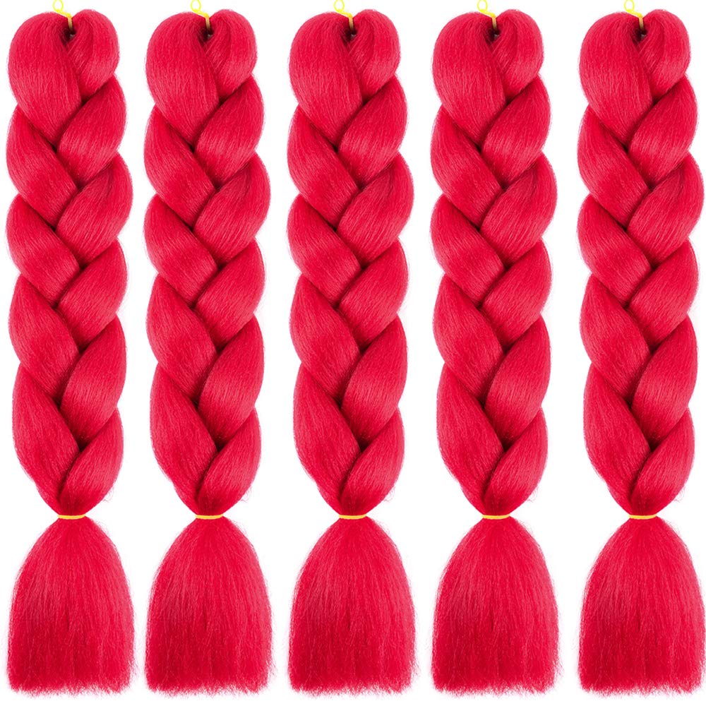 60cm Pelo Sintetico para Trenzas Africanas Extensiones de Cabello Jumbo Braids Crochet Braiding Hair Extensions 5PCS (rojo)
