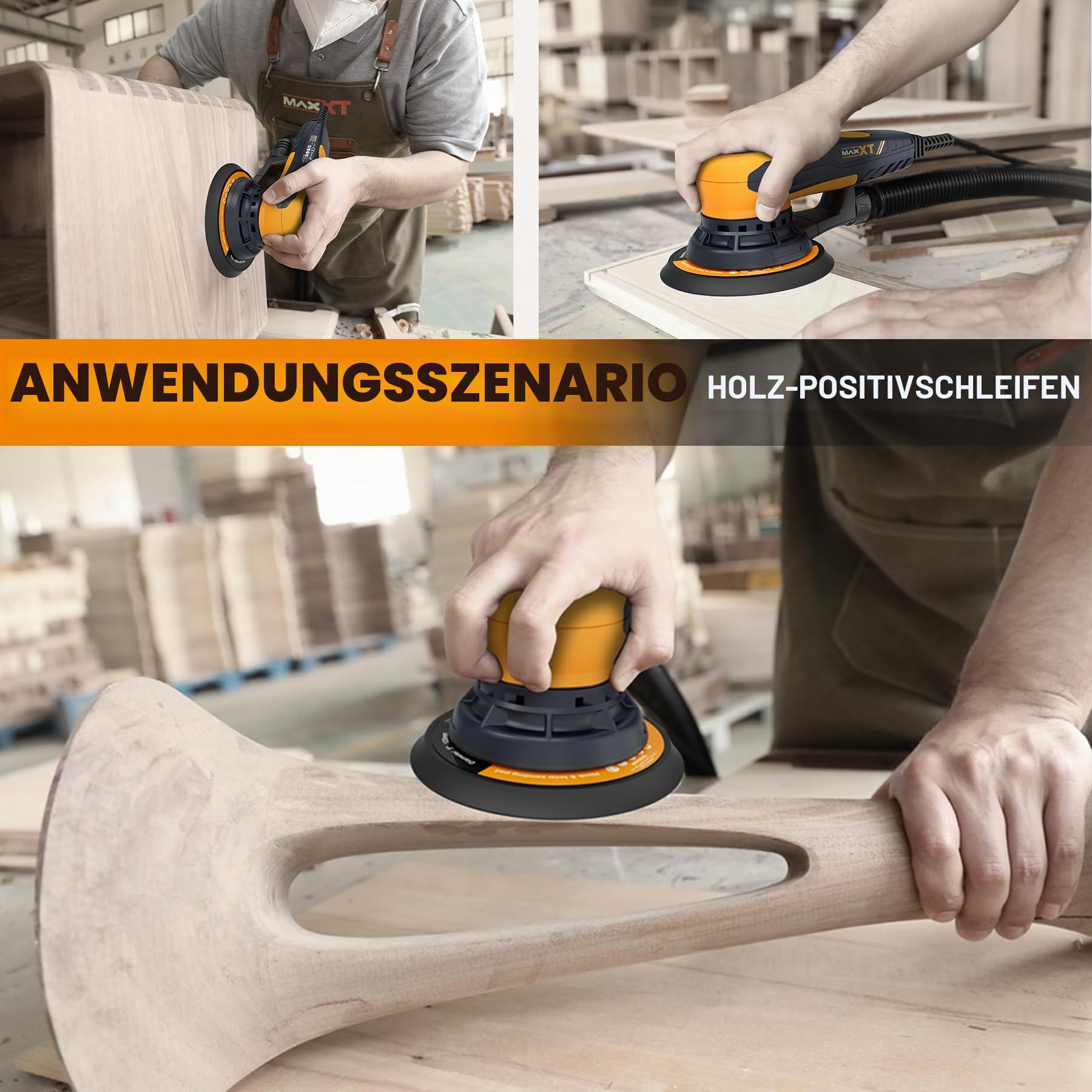 Bürstenlose MAXXT Elektroschleifer 350 W, Scheibe 150 & 125 mm, Exenterschleifmaschine 5.0 mit Dreikernanschluss, 4000-10000 U/min (6 einstellbare), Automatische Bremse-2s, 20 Schleifpapiere