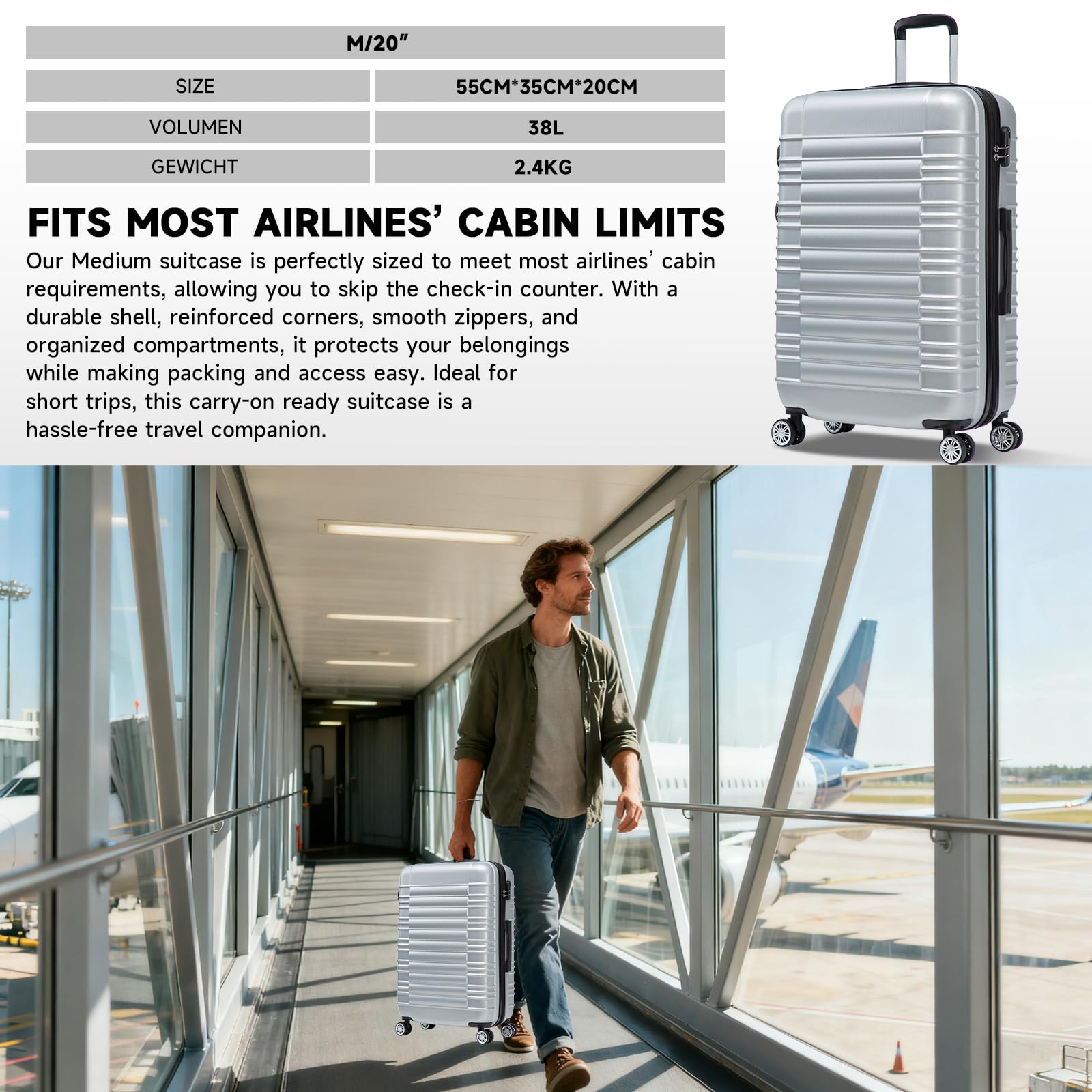 Valigia Cabina 55x20x35 cm in ABS Rigido Leggero, Trolley con 4 Roulettes 360°, Bagaglio a Mano Ideale per Viaggio e Business & Leisure