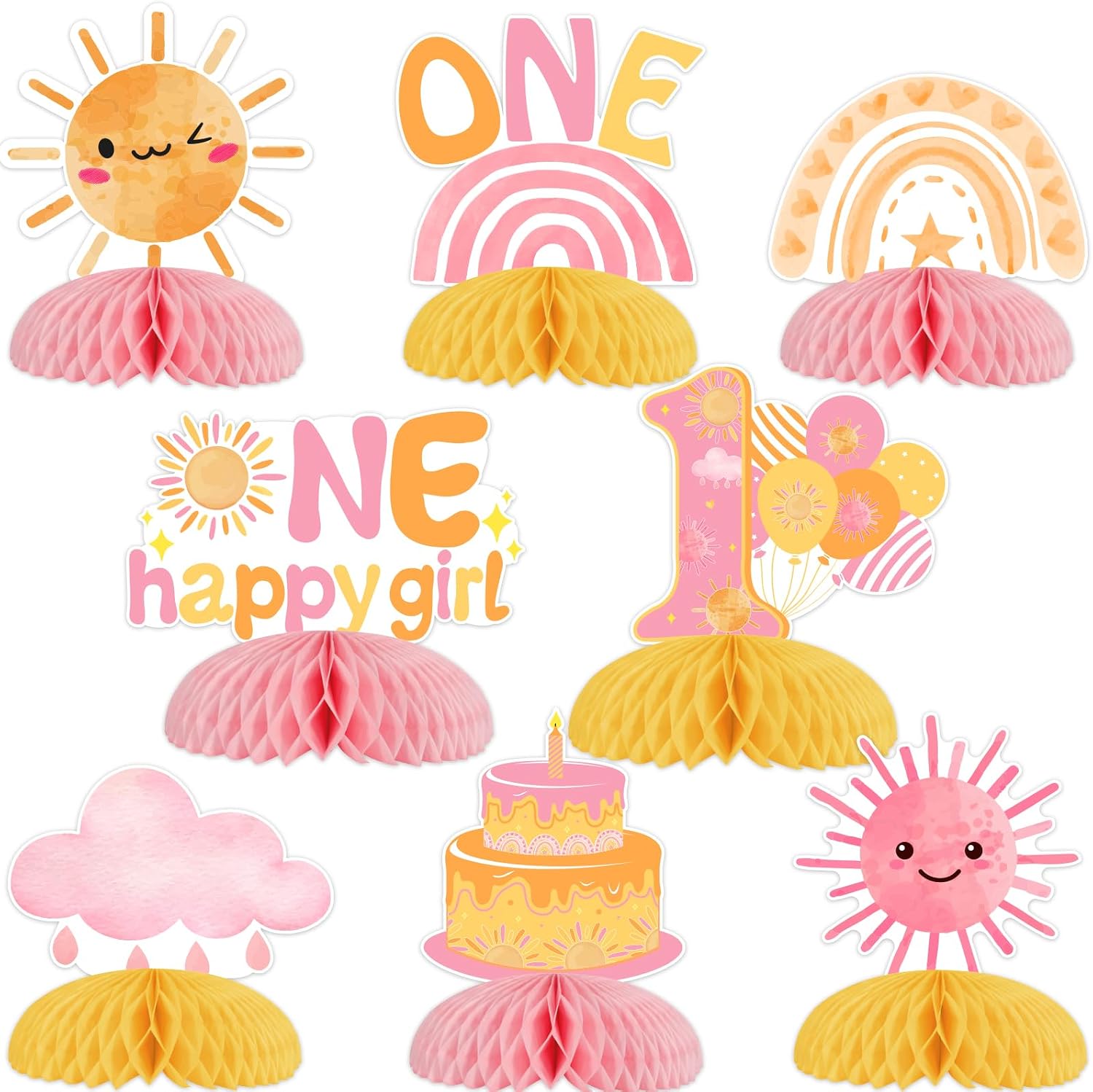 First Trip Around the Sun Decorations Girl - 8PCS One Happy Girl Honeycomb Centerpieces, Sun 1st Birthday Party Decorations Boho Sunshine Hippie Sunrise Rainbow Table Decor