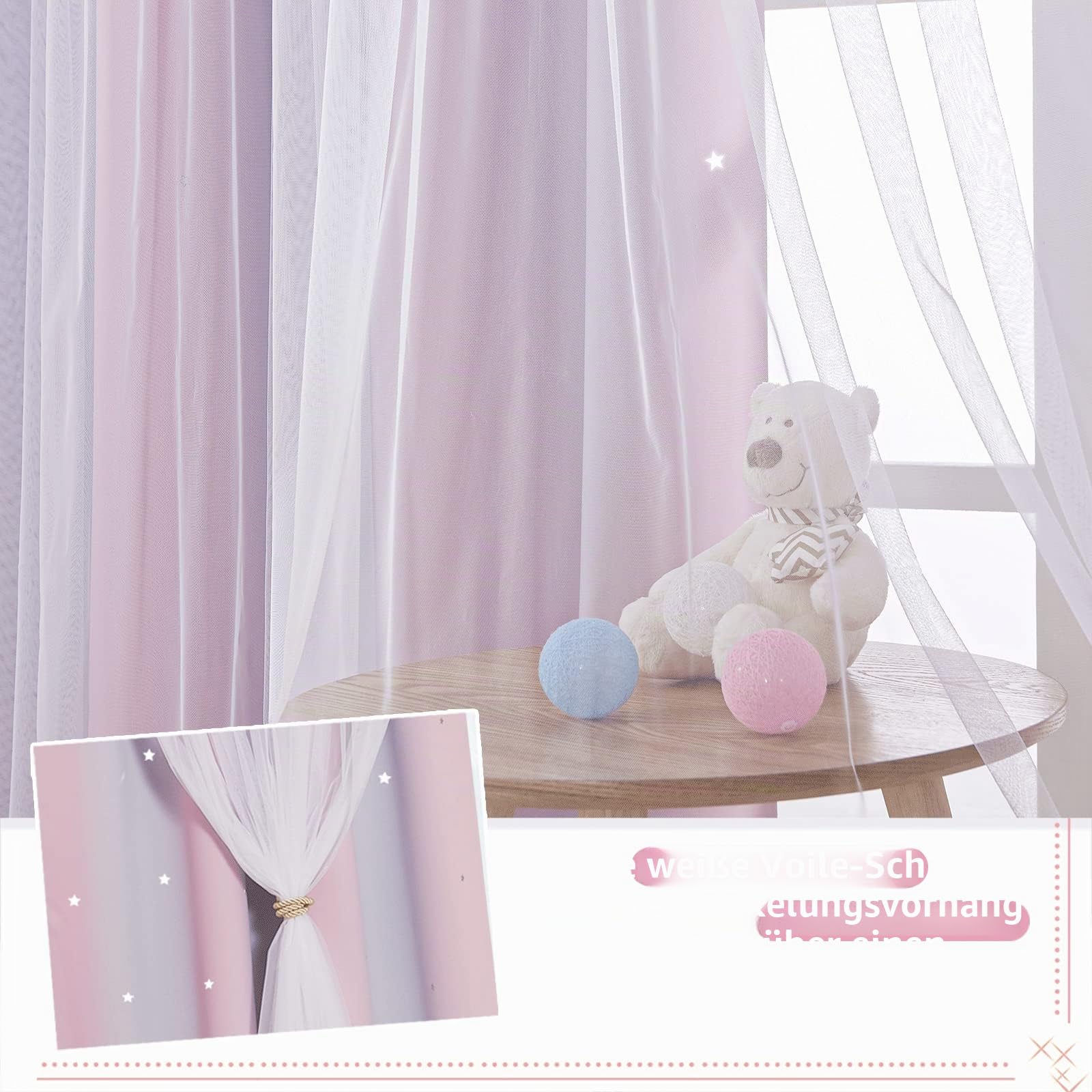 NICETOWN Gardinen Kinderzimmer Mädchen 2 Stücke Verdunklungsvorhänge Dekoration Sternevorhänge mit Voile Curtains Ösenvorhang H 240 x B 132 cm, Pink+Lila