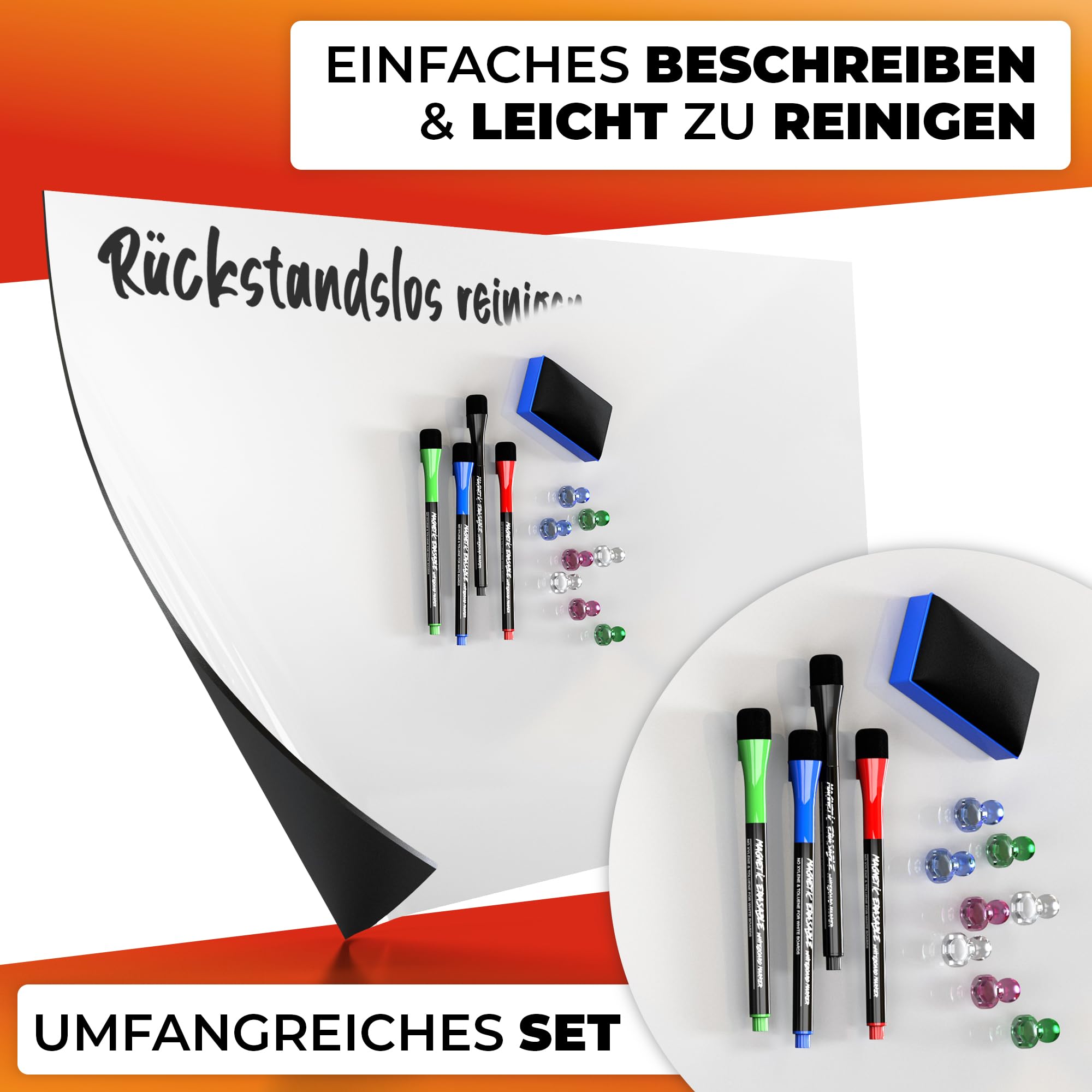 Whiteboard Folie 90x120cm - 3M Magnetfolie selbstklebend - Magnetische Tafelfolie abwischbar - Praktische Ferrofolie Weiß - Whiteboardfolie inkl. 4 Marker, großer Radiergummi und 8 Pins