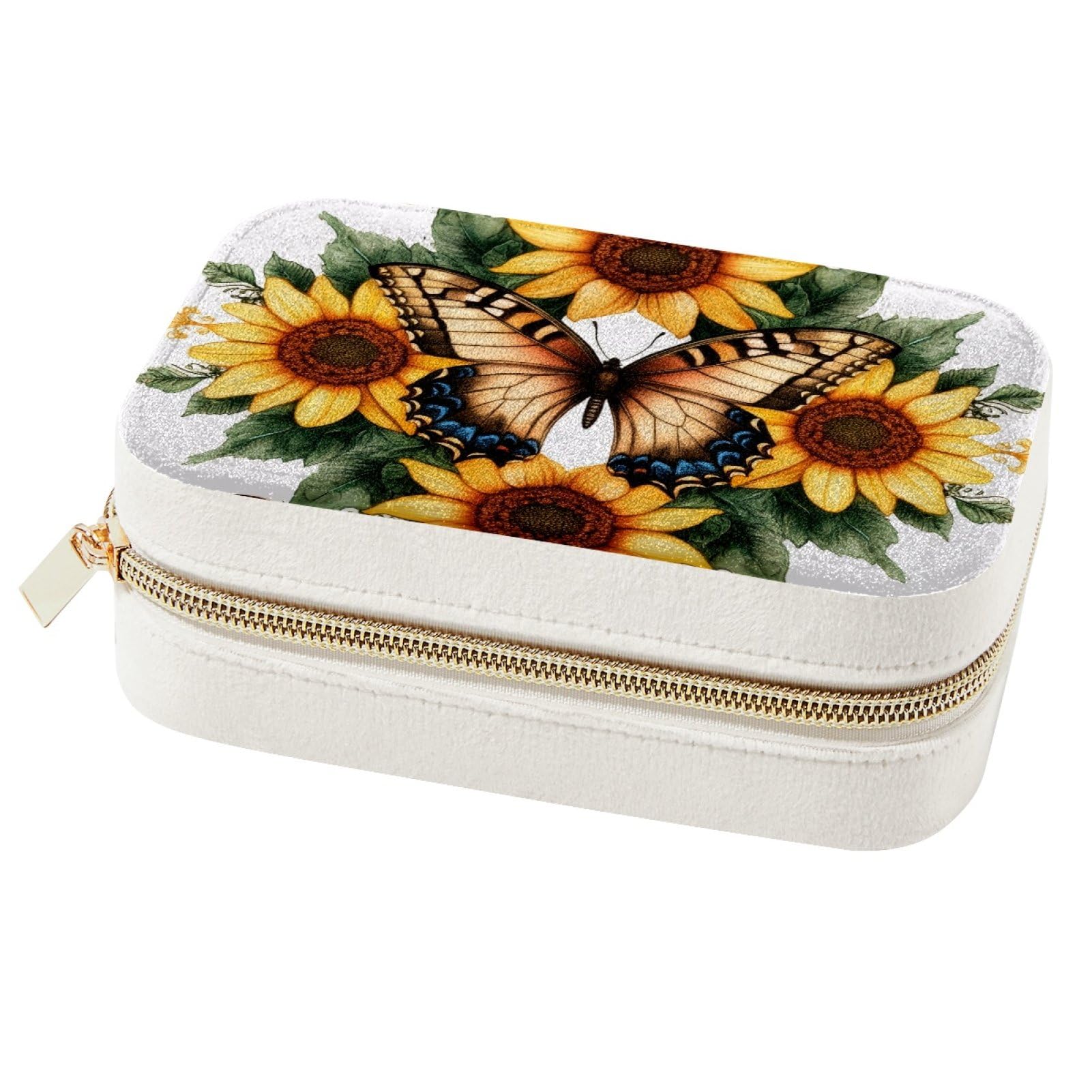 Boîte à bijoux portable papillons et tournesols pour voyage et rangement bagues