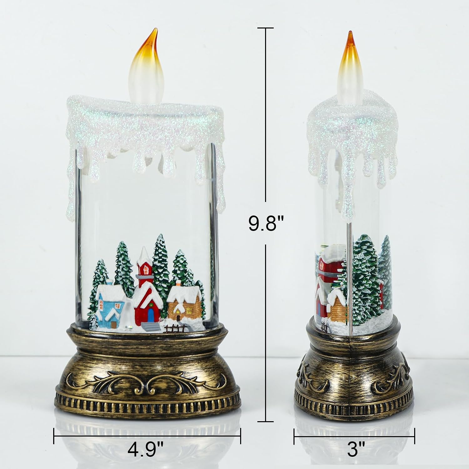 Christmas Snow Globe Candle with Timer & Music, Snowy Cabin Scene, Swirling Glittering Candle Shaped Snow Lantern, USB/Battery Operated Lighted Lantern for Christmas Decoration