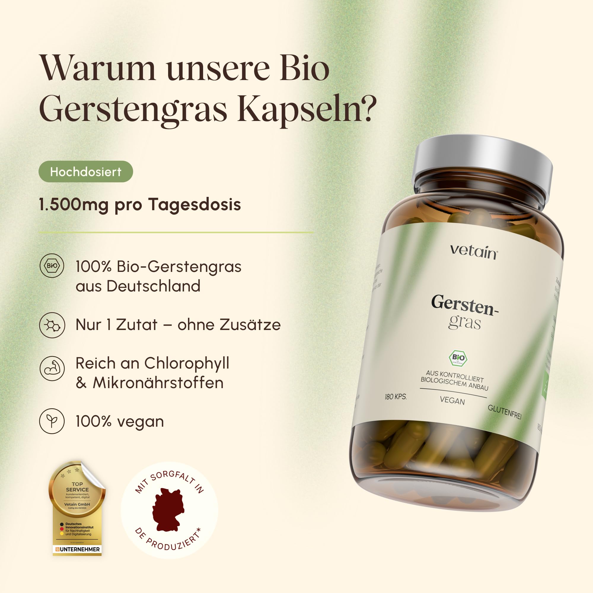 VETAIN Bio Gerstengras hochdosiert - 1.500mg pro Tag - 180 Kapseln - aus deutschem Anbau - Bio-zertifiziert - vegan & ohne Zusätze - produziert & laborgeprüft in Deutschland