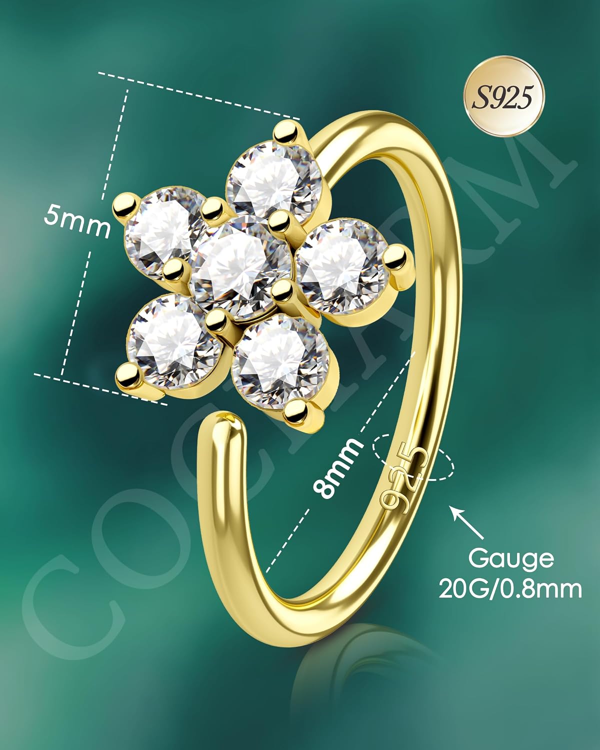 COCHARM 14K Gold Plated 925 Sterling Silver Nose Ring Hoop 20g Dainty Flower Nose Rings for Women Gold Cute Nose Piercing Jewelry Sterling Silver Nostril Hoop