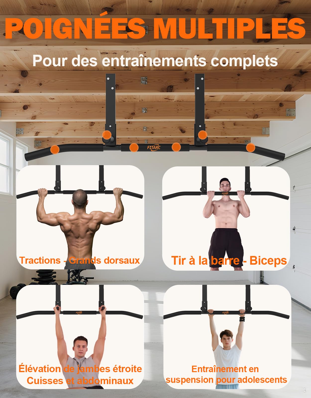 Fitarc Barre de traction pour solive - Barre de traction - Support plafond - Robuste - Pour entraînement à domicile - 106,7 cm de large - En attente de brevet