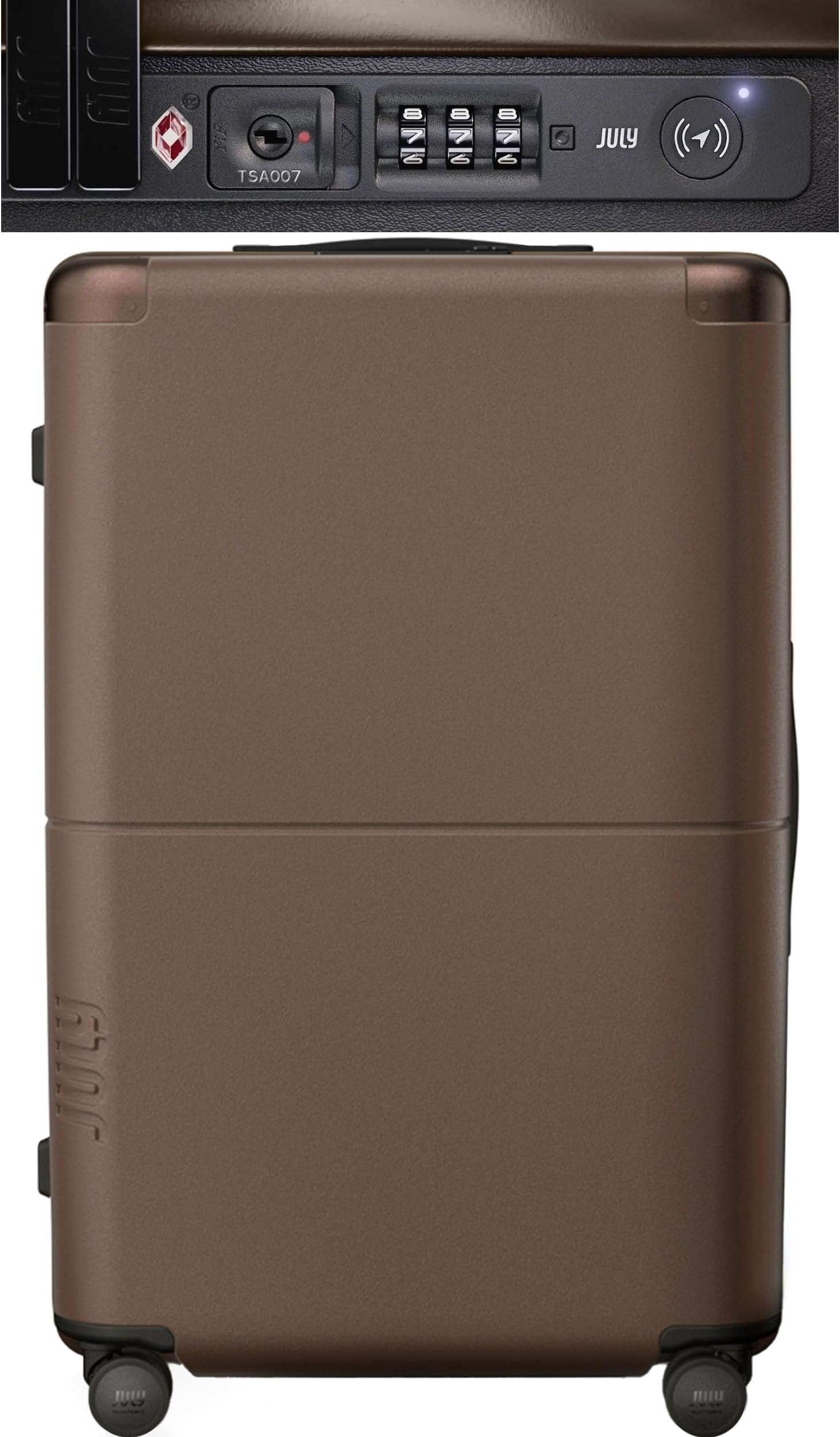 - July Checked Plus with CaseSafe - 28.75" Built in Tracking, Airline Approved Check In Luggage with Wheels, Rolling Suitcase for Men & Women - Silent Spinner Wheels, Y-Strap - Dark Brown