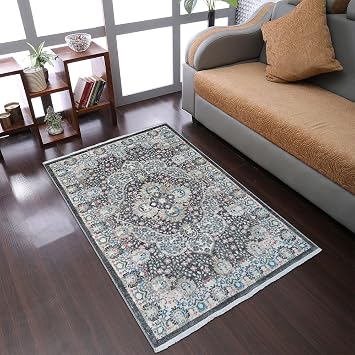 Rugsotic Carpets Machine Made Polyester Area Rugs - 6x9, Rectangle Shape, Beige Black Color, Classic Oriental Traditional Design, Low Pile Machine Made Area Rugs M00094
