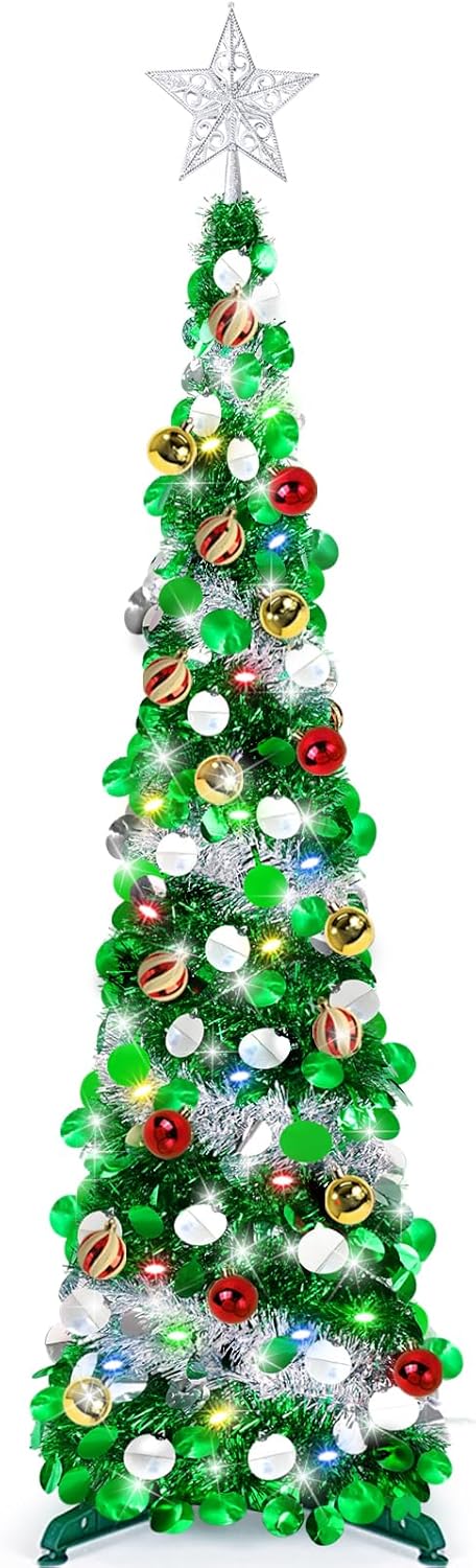 5 Ft Pop Up Christmas Tinsel Tree, Green Silver Christmas Pencil Tree with Timer 60 Lights 3D Star, Glitter Collapsible Christmas Tree Decorations 4 Modes 15 Ball Ornaments Xmas Tree Indoor Decor