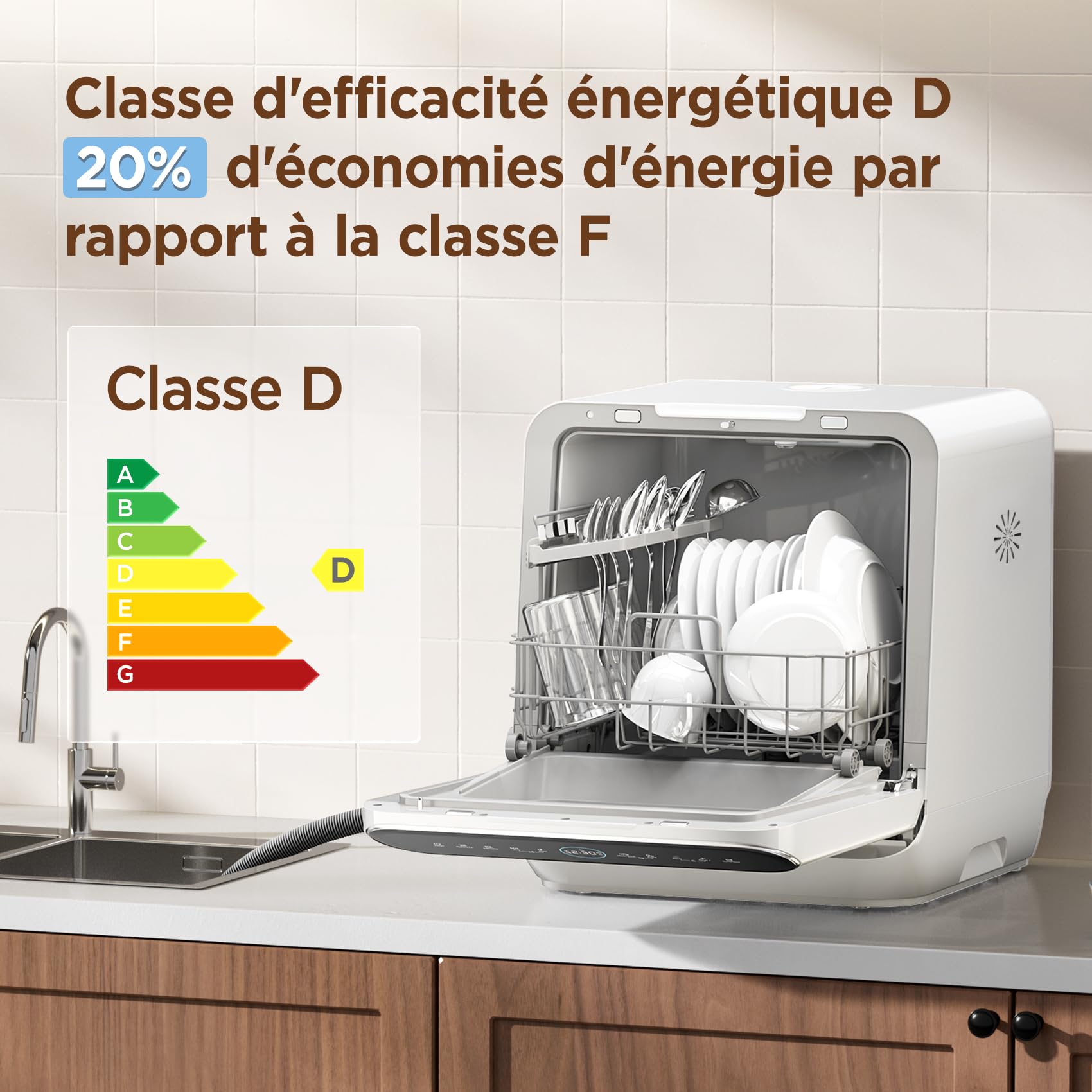 COMFEE' MFD42S110W-IT Mini Lave-vaisselle de Table Compact, 3 Couverts, 7 Programmes, Commande Tactile, Écran LED, 72°C Lavage Hygiénique, 24h Démarrage Différé, Ouverture Automatique, blanc