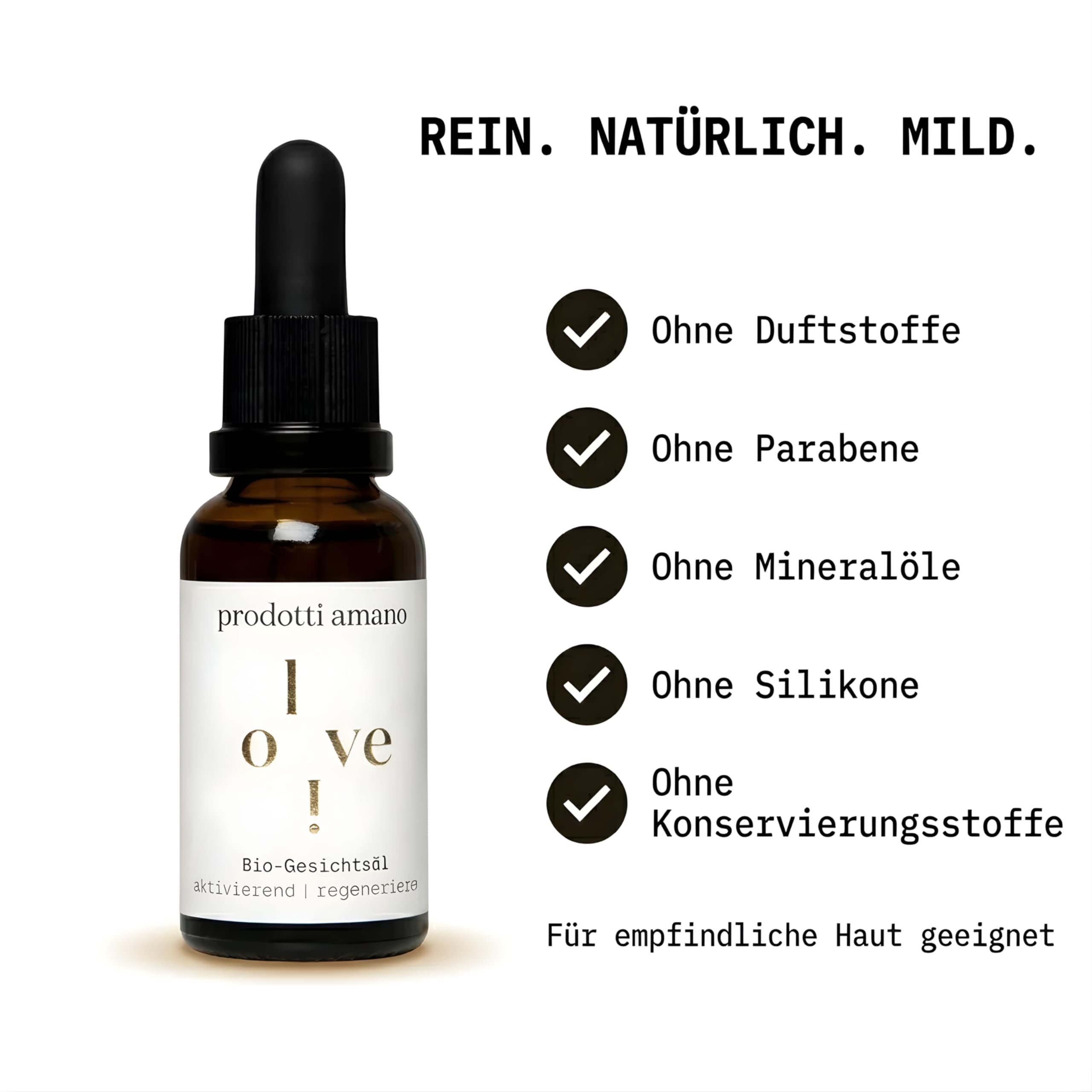 Prodotti Amano Gesichtsöl 30ml, 100% Organic Face Oil für Damen & Herren | Regenerierend & schnell einziehend, Anti Aging Bio Öl mit Vitamin E für alle Hauttypen, Vegan, Ohne Silikone & Parabene