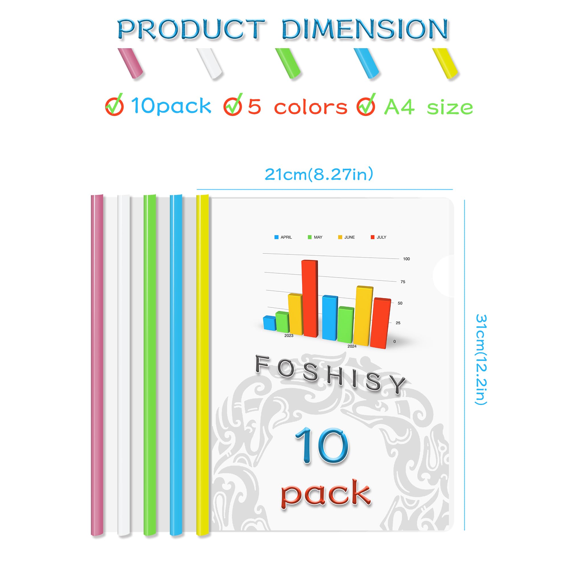 FOSHISY A4 10 Pack Clear Report Covers with Sliding Bars, 6mm(25 Sheet Capacity) Sliding Bar Report Covers,5 Assorted Colors - Image 2