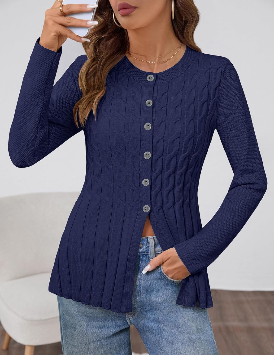 MEROKEETY Women's Cable Knit Peplum Cardigan Sweaters 2026 Trendy Fall Open Front Button Down Soft Knitted Coat - Image 2