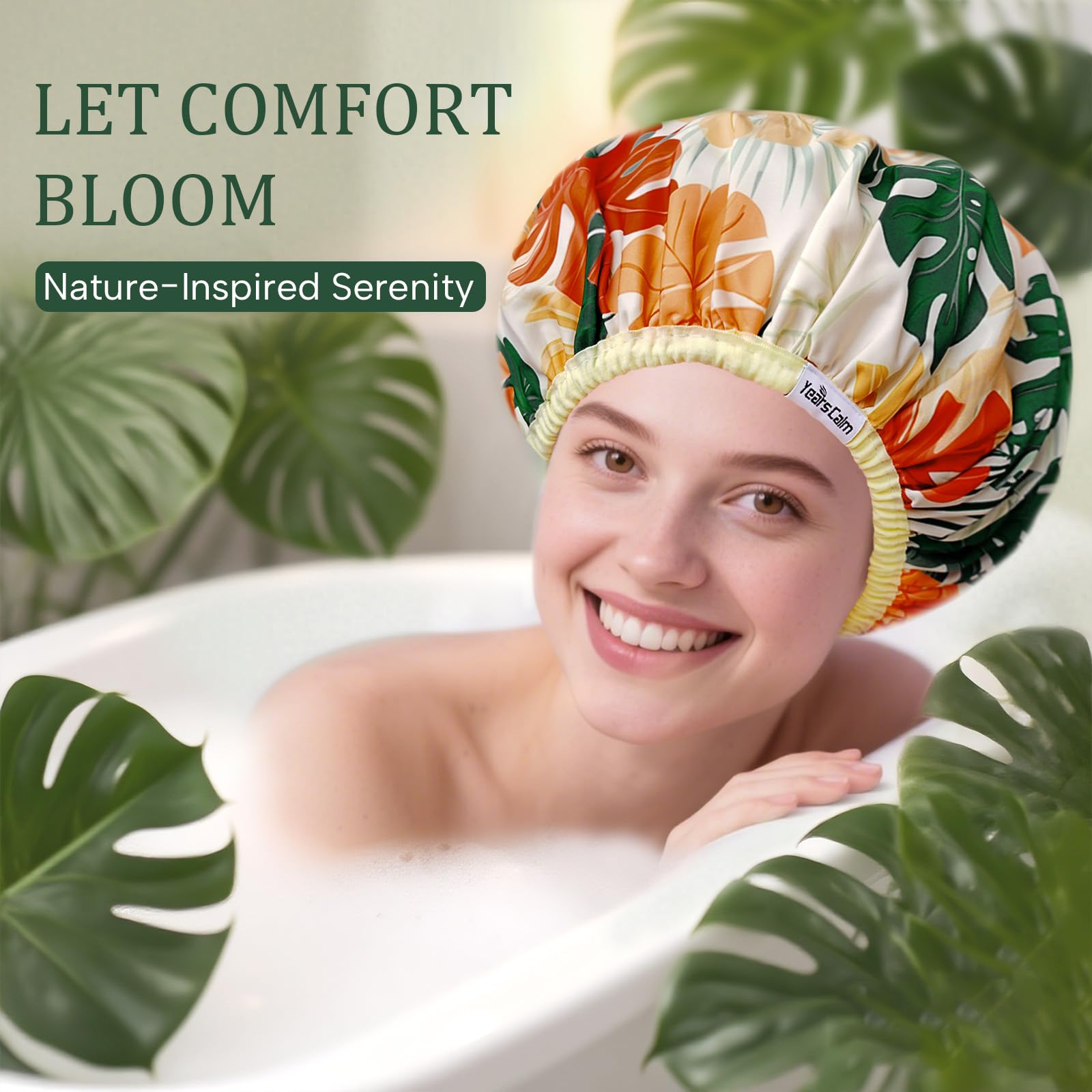 Years calm - Lot de bonnets de douche pour femmes réutilisables et imperméables – Bonnet élastique à double couche avec impression botanique tropicale pour la douche, le spa, les voyages, le bain et