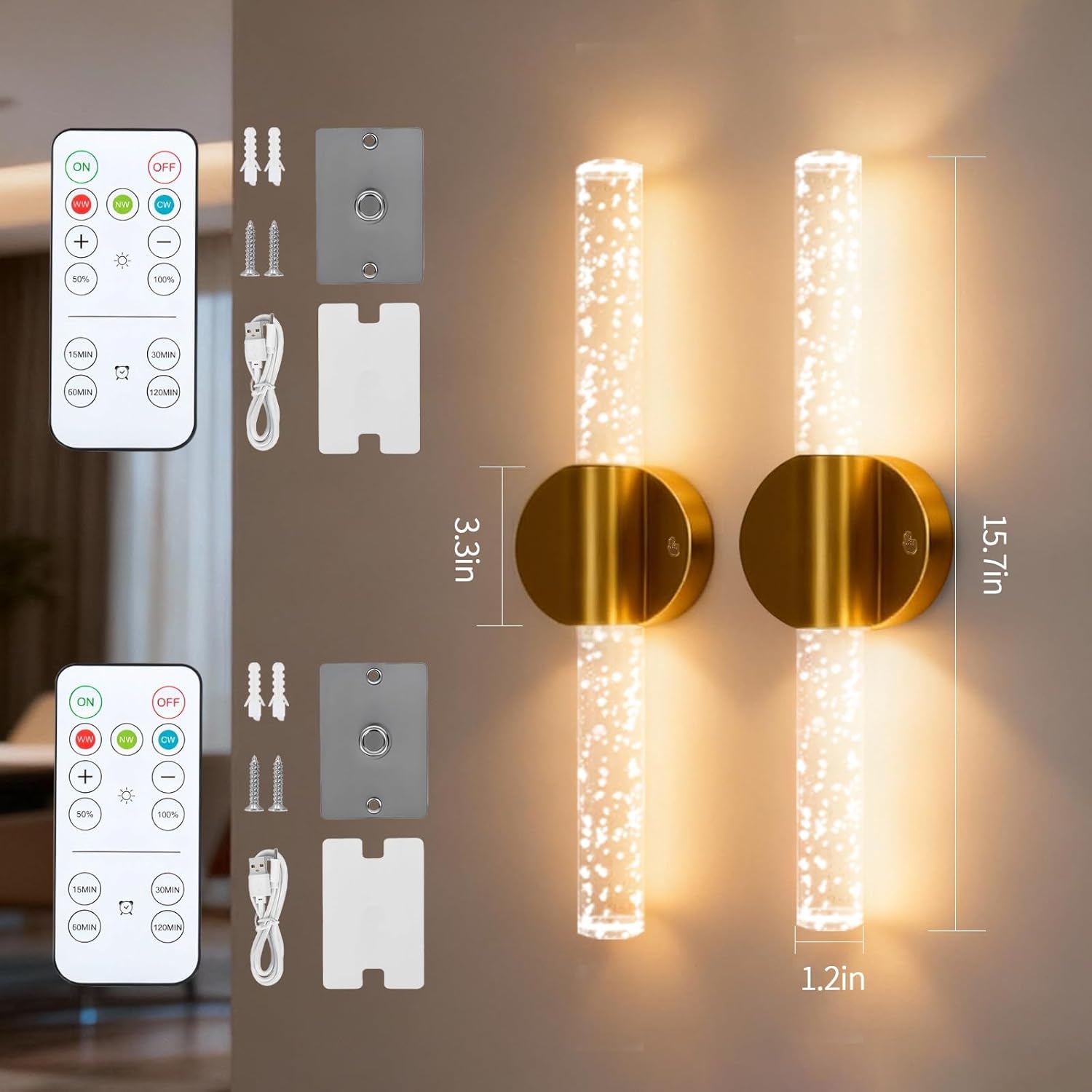 Battery Operated Wall Sconce Set of 2, Gold Rechargeable Wall Light with Remote Control, 3000K-6500K Dimmable Wireless Wall Lamp for Bedroom Living Room Bathroom Hallway