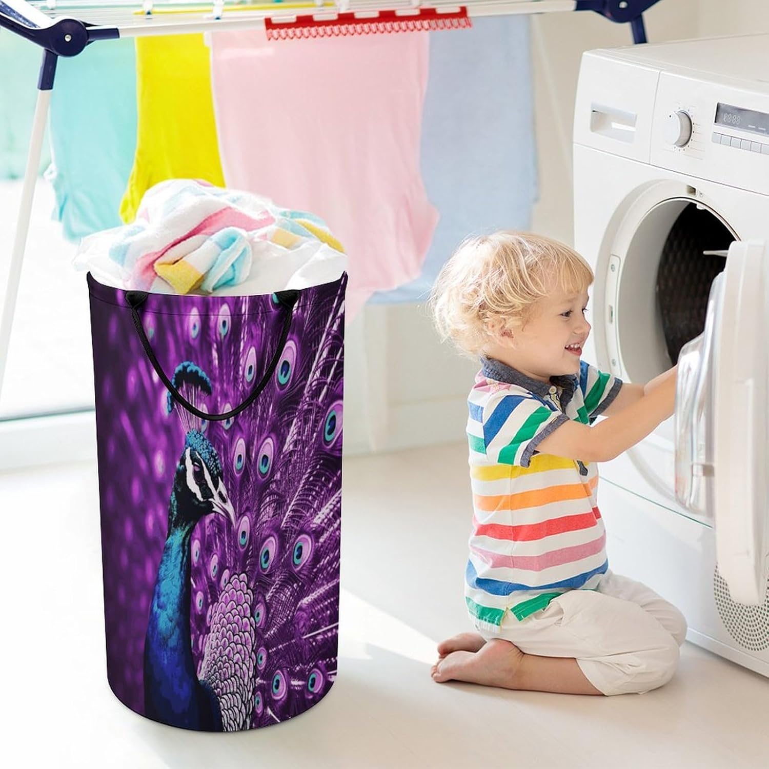 Purple PeacockLaundry Hamper - Large Dirty Clothes Bag.Storage Basket for Easy Carry Handles. Large Clothes Basket with Handles, Clothing Storage Bucket Toy Organizer for Bathroom Bedroom Dorm.