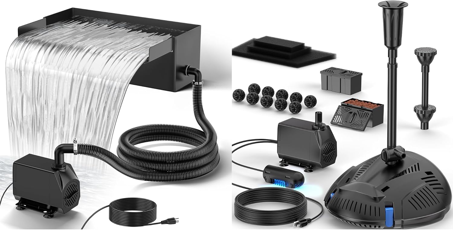 NFESOLAR Pond Filter with Waterfall Spillway Kit for Outdoor Pond up to 2000 Gallons,12.2" W Stainless Steel Pond Waterfall Box, 660GPH Ultra-Quiet Water Pump
