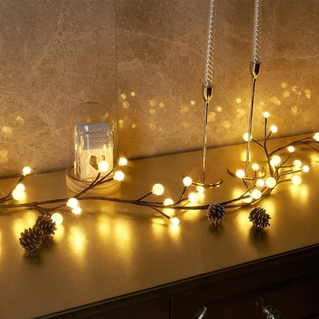 EAMBRITE Brown Twig Garland 8.8Ft 84 Led Frosted Ball Lights Indoor Outdoor Plug in for Christmas Patio Garden Wedding Party Bedroom