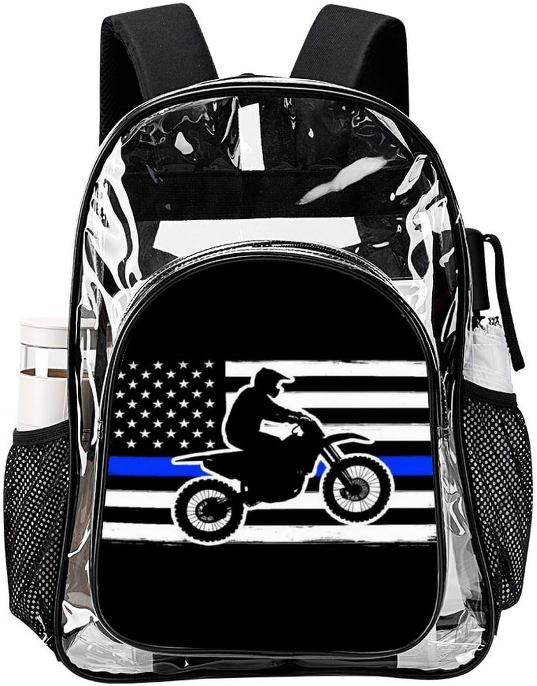 Clear Backpack Clear Mini Backpack for Women Thin Blue Line American Flag Motorcycle Dirt Bike Heavy Duty for Concert Work Sport Games Festival Venues