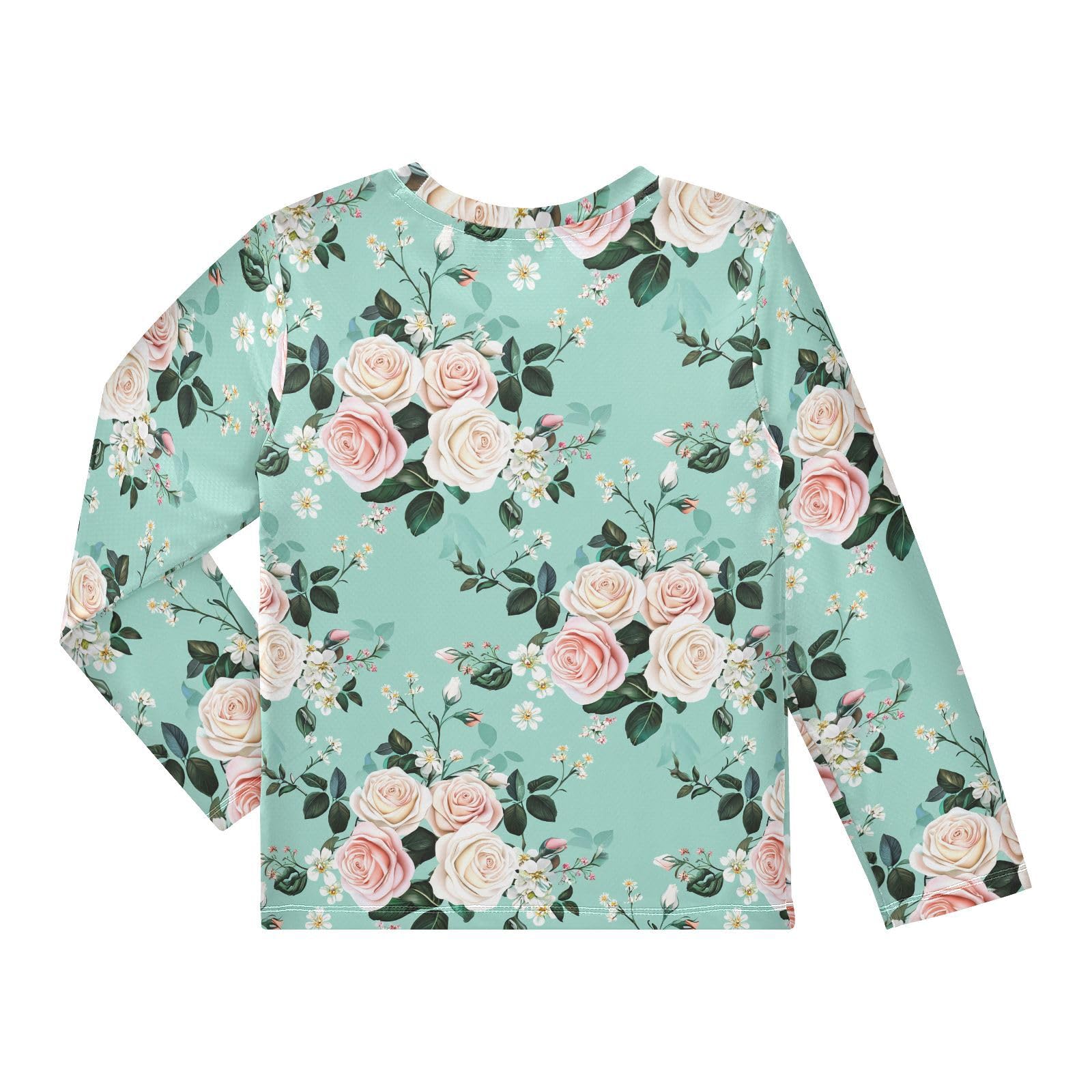 DOMIKING Rose Blossom Floral Aquamarine Boys Long Sleeve Rashguard Shirt Kids Quick Dry Swim Shirt for Beach Pool Sport 11-12T