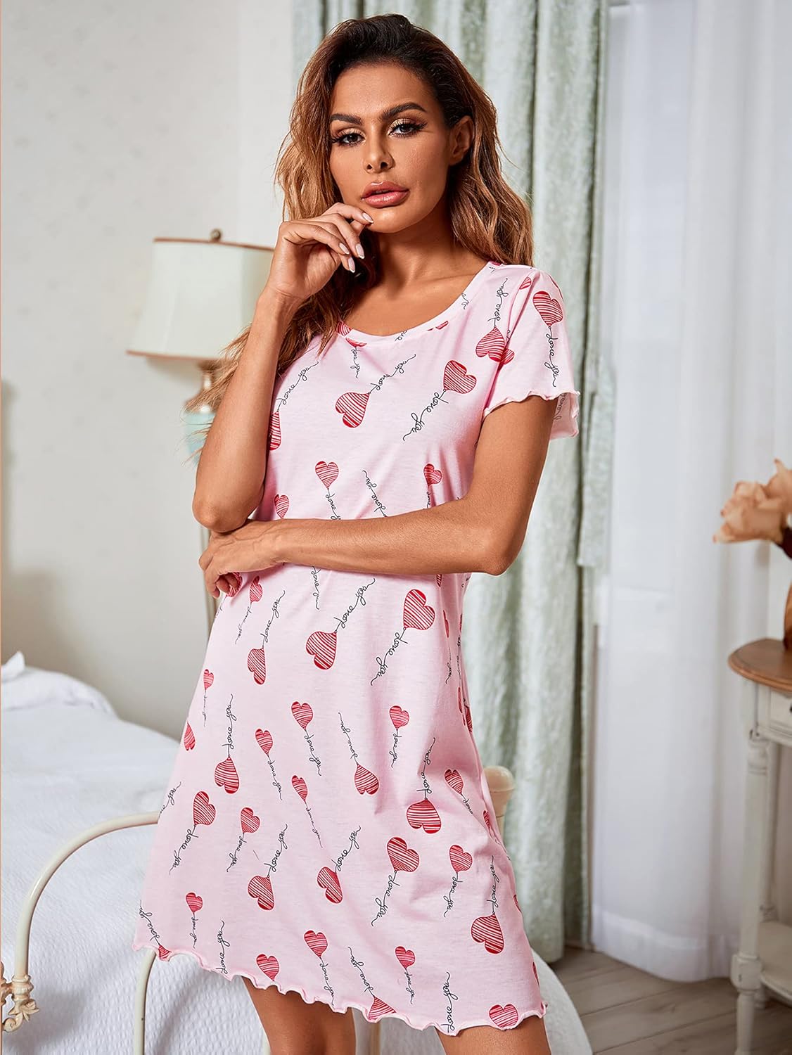 Womens Short Sleeve Sleepshirt Scoopneck Cute Nightdress Ruffle Comfy Nightgown - Image 5
