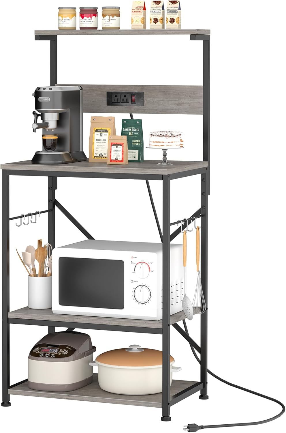 JAMFLY Kitchen Bakers Rack with Power Outlet, Microwave Stand with 6 S-Shaped Hooks, 4-Tier Coffee Bar Microwave Rack (Rustic Brown)