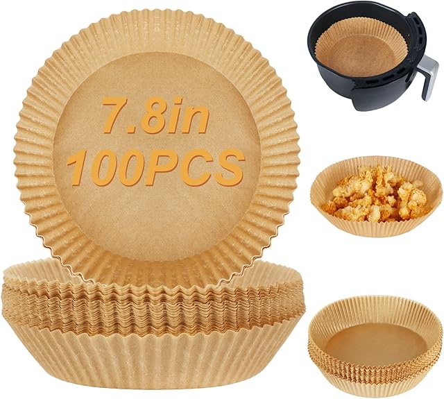 BYKITCHEN 100PCS Air Fryer Paper, 7.8 Inch Big Nonstick Disposable Air Fryer Liners, Round Parchment Paper for Air Fryer, Compatible with Ninja, Tower Cosori for Baking & Cooking