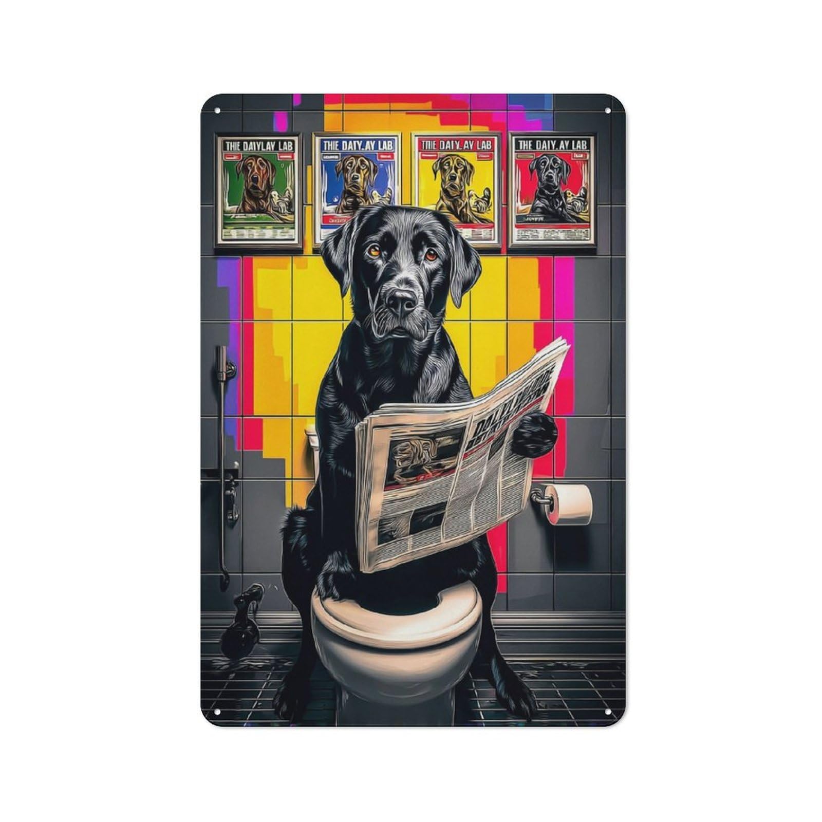 Junmoney Dog Reading Newspaper On Toilet -8 Retro Tin Sign 30X20cm For Home Office Or Studio, Suited To Home Office Decor Fans