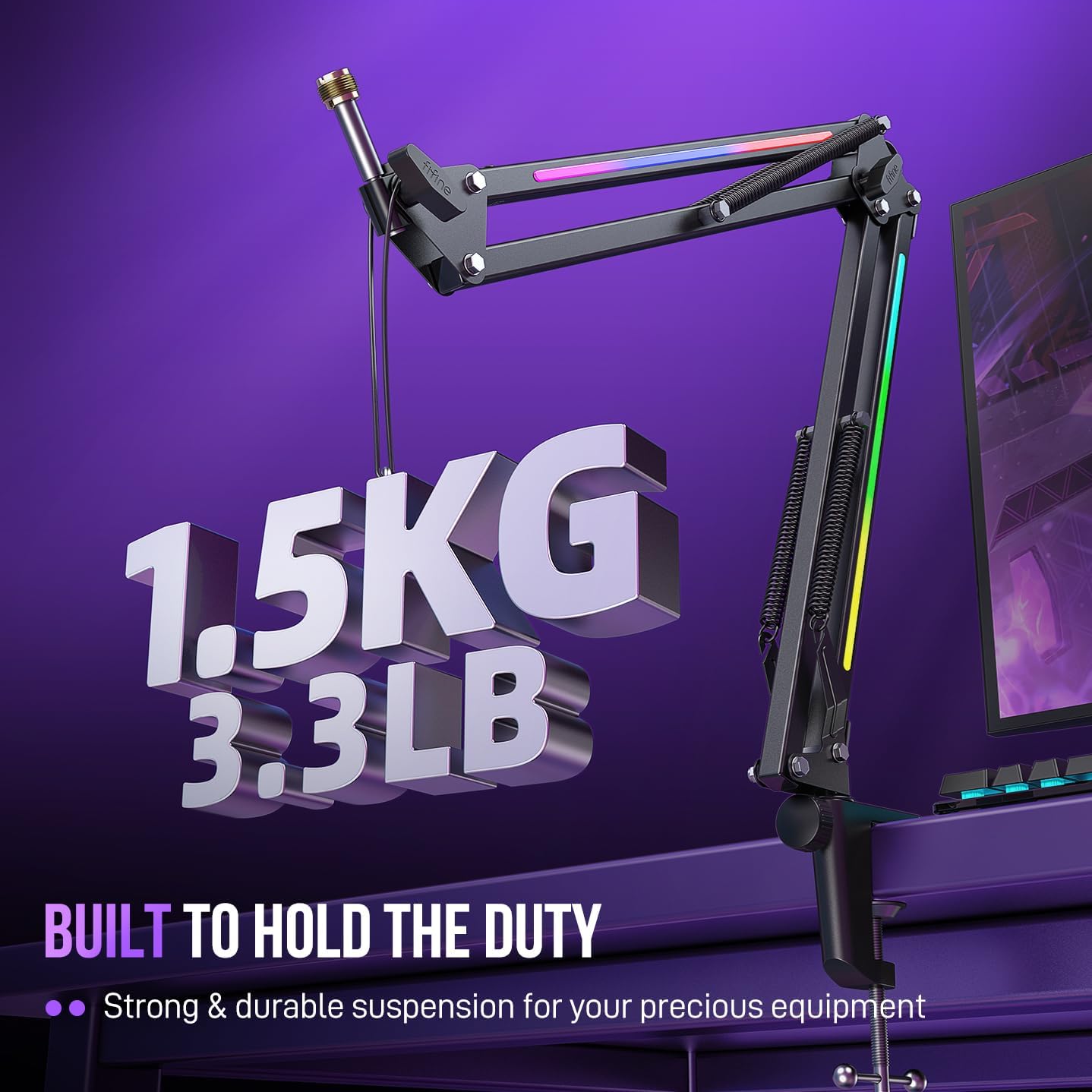 FIFINE Microphone Boom Arm, Metal Adjustable Mic Arm Stand with RGB Control, 3/8” to 5/8” Screw Adapter, Desk Mount Clamp, Suspension Scissor Mic Stand for Gaming Streaming Podcast-AmpliGame BM38