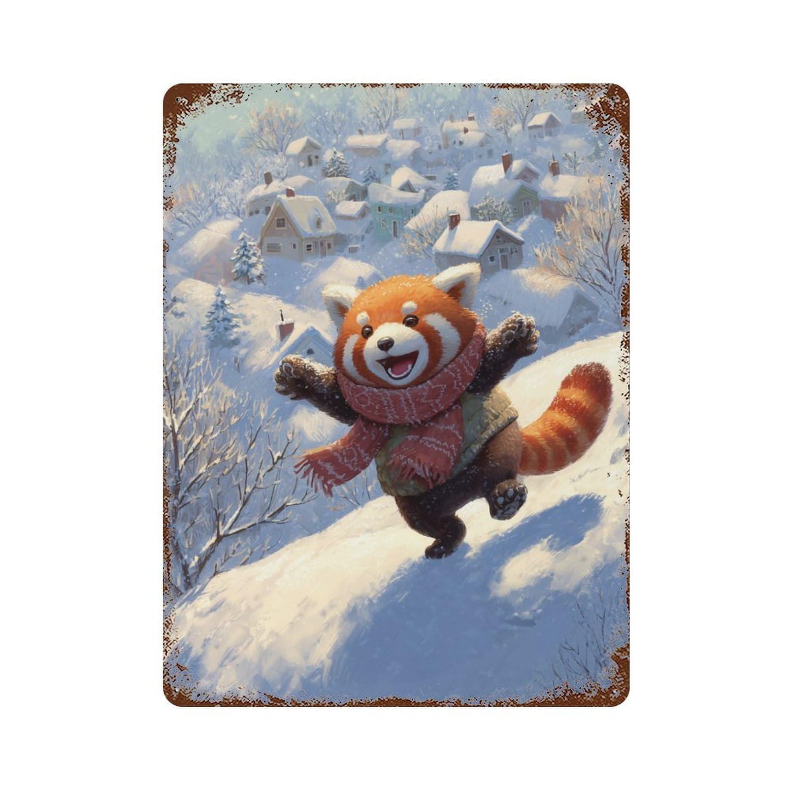 Garage Style Red Panda Winter Fun Rusty Metal Tin Sign 15.7"x11.8", Novelty Wall Decor for Bar And Workshop