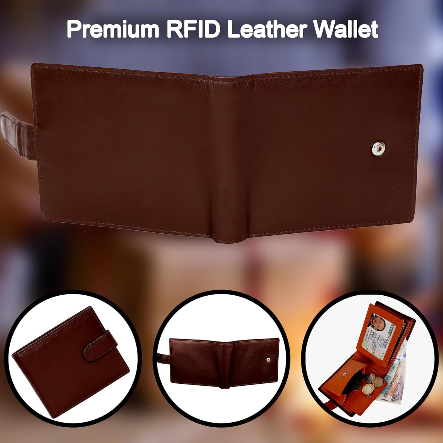 StarHide Mens RFID Blocking Compact Real Leather Coin Pocket Billfold Wallet Id Card Holder 1075 Brown Tan
