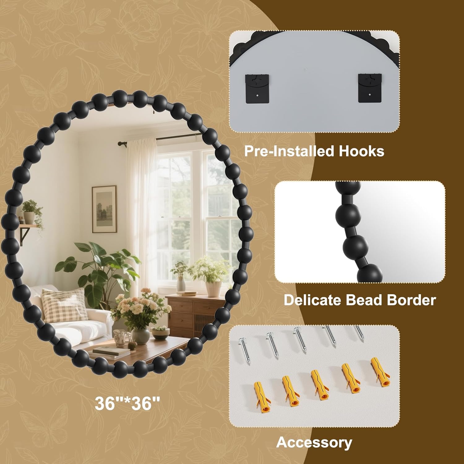 Round Mirror for Wall, 36 Inch Black Beaded Frame Decorative Vanity Mirror, Circle Bathroom Mirror with High-Definition Lense, Modern Wall Decor for Bathroom, Living Room, Bedroom, Entryway
