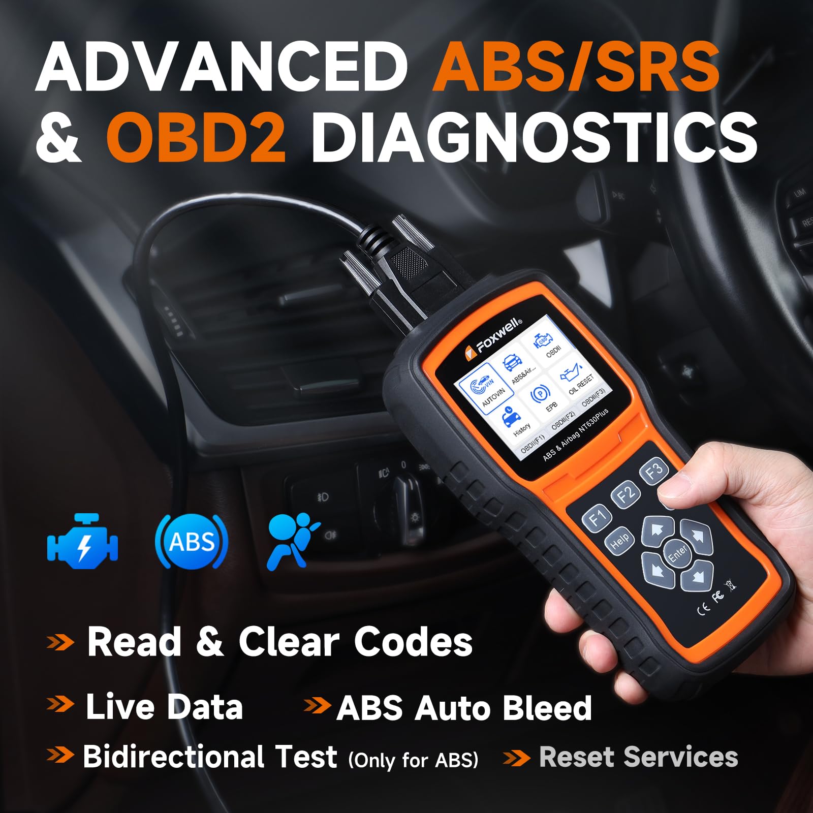FOXWELL NT630 Plus OBD2 Outil de Diagnostic Scanner, ABS Scanner de Freins SRS Lecteur de Code Automobile Contrôle Bibirectionnel avec Airbag Light Reset SAS Oil Light EPB Service