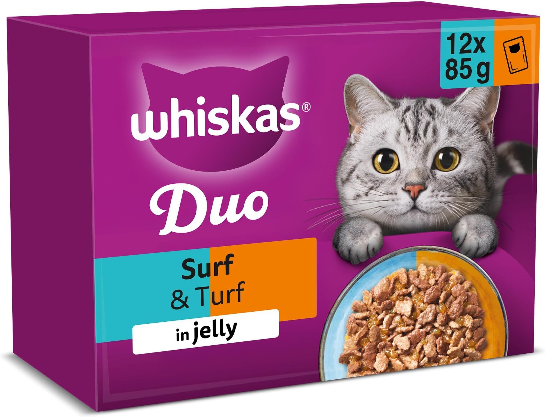 WHISKAS DUO Adult Wet Cat Food in Jelly 12x85g Surf & Turf (Pack of 4)