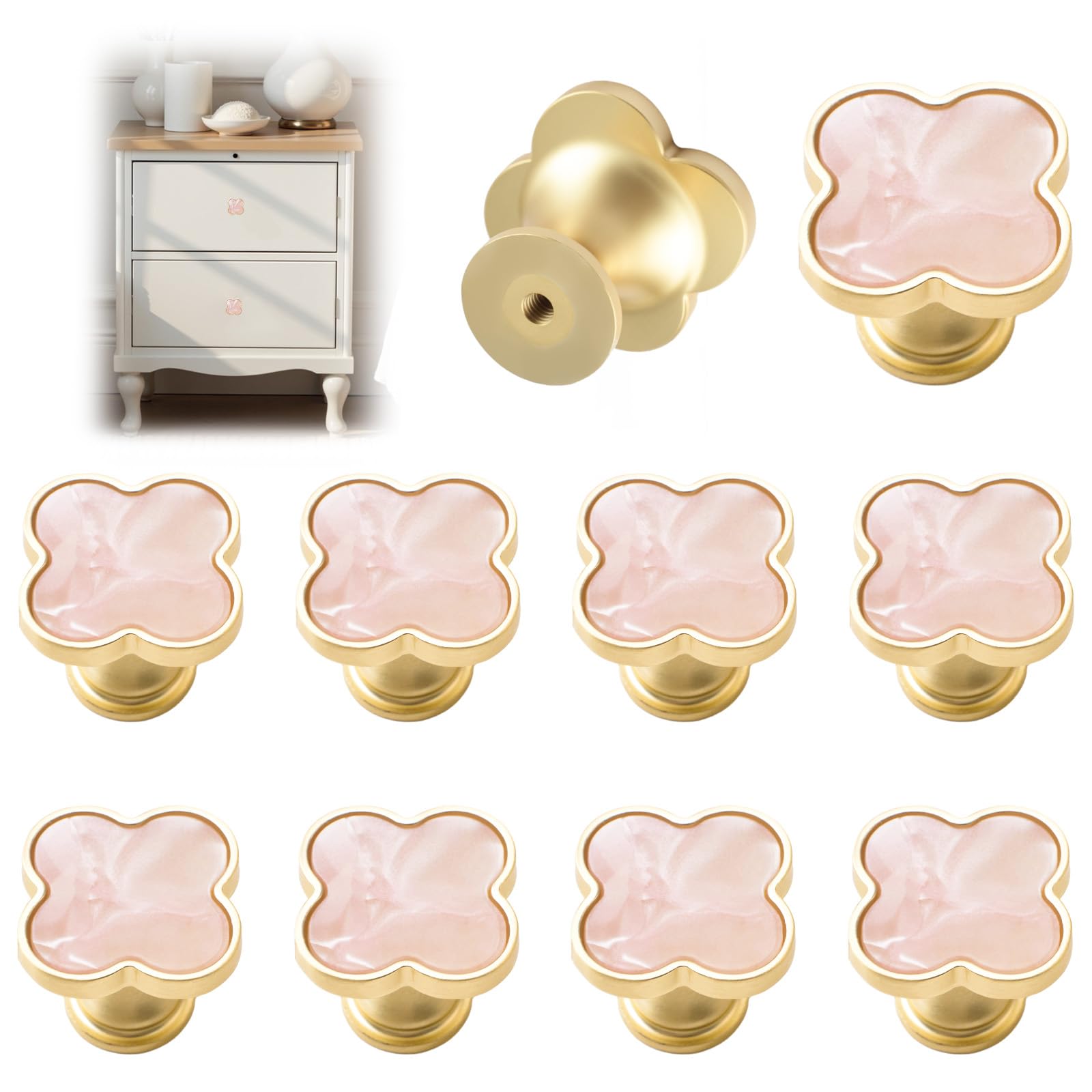 MOROBOR 10 PCS Four-Leaf Clover Handle, Creative Cabinet Drawer Pulls Multifunctional Single Hole Zinc Alloy Knobs for Dresser Wardrobe Door Furniture Accessories/Gold Base with Pink Surface — image 1
