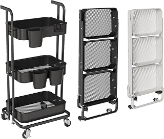 3 Tier Metal Foldable Rolling Cart, Utility Cart with Wheels, Hanging Cups and Hooks, Folding Storage Cart for Living Room, Kitchen, Bathroom, Bedroom, Black