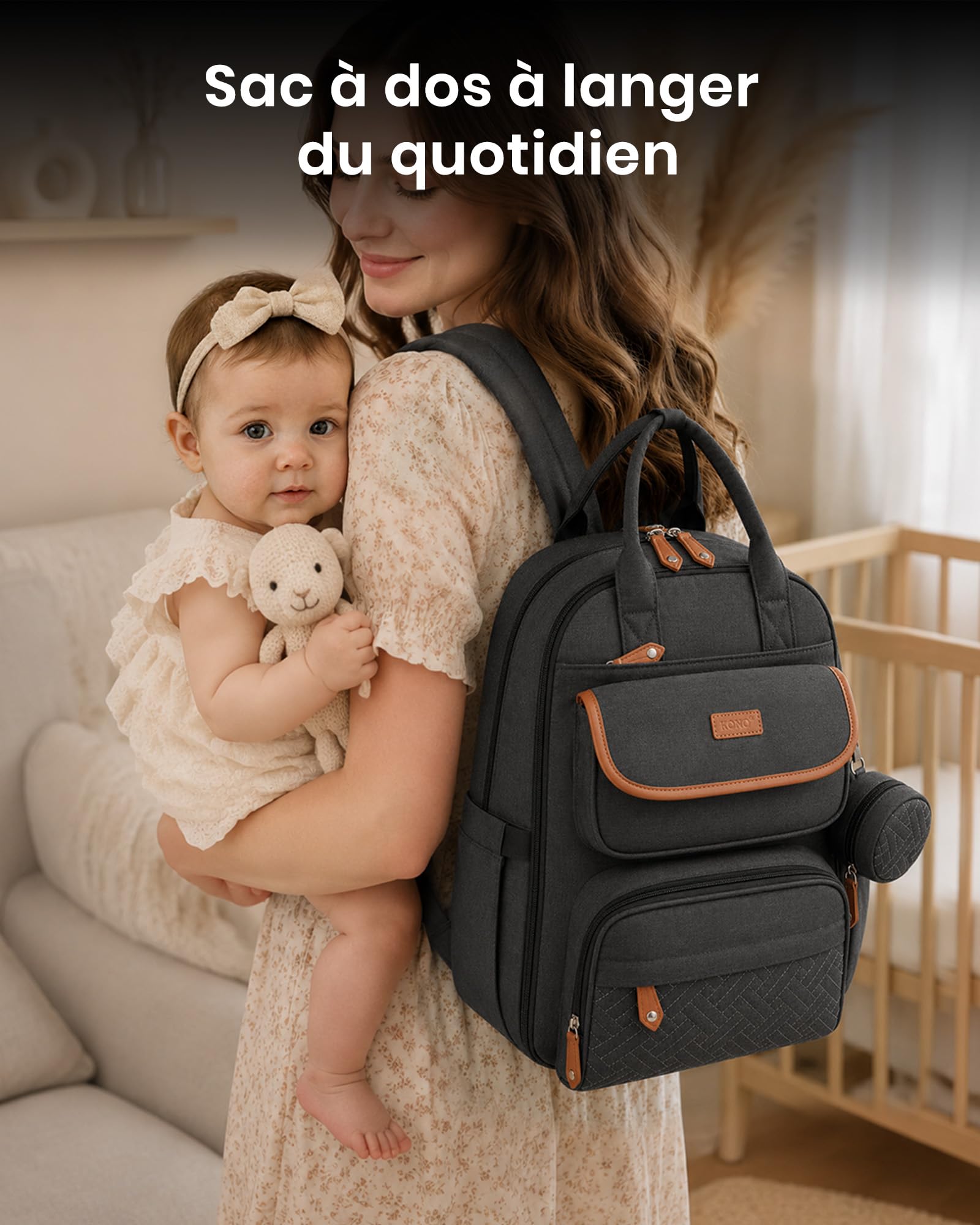 Kono Sac à Dos à Langer Bébé Grande Capacité Maman Papa avec Tapis à Langer