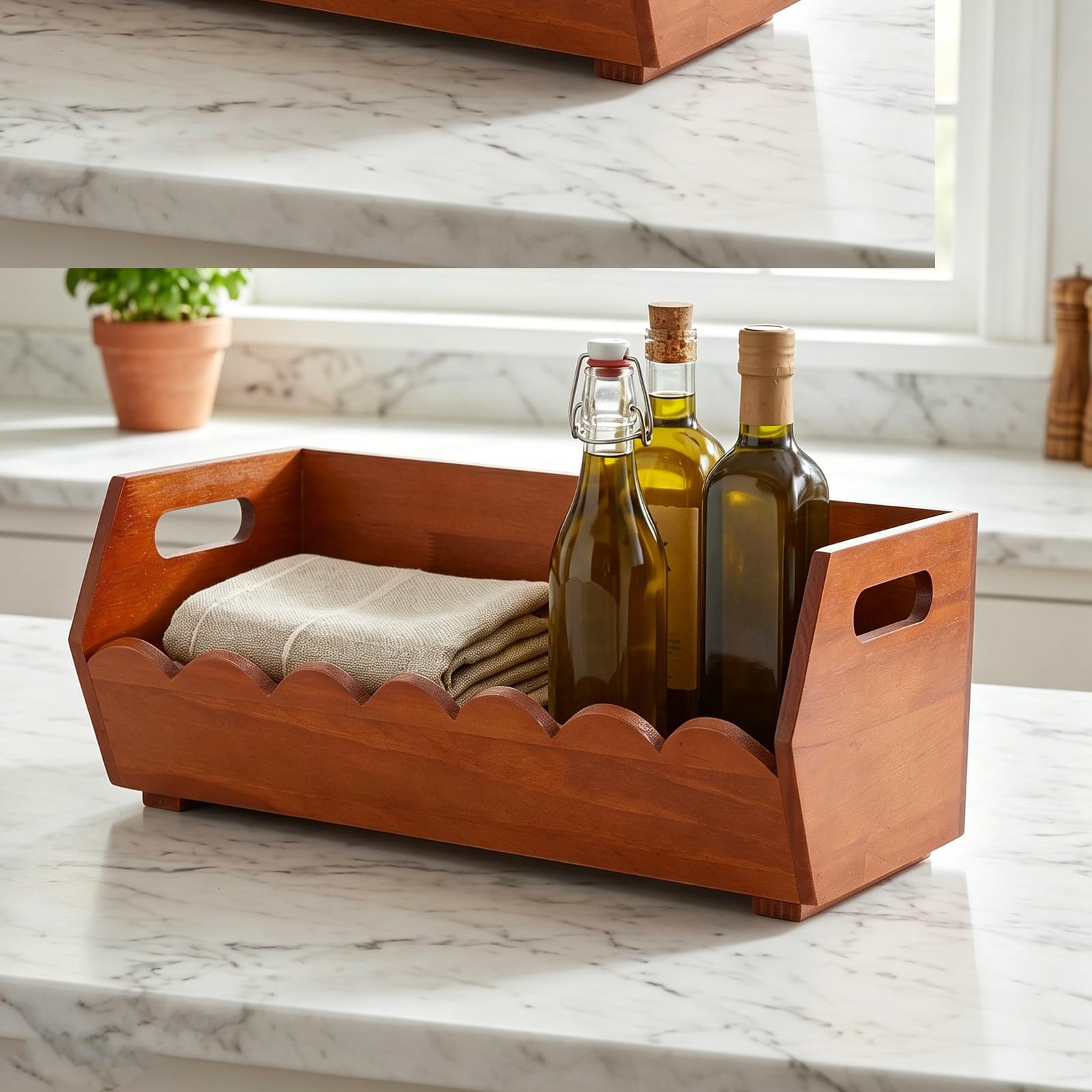 Toyvian Cesta de Madera Asas, Borde Ondulado y Base Plana para Baño | Madera Marrón, Acceso Rápido y Colocación Estable, Estilo Nórdico Moderno, para Mesas y Encimeras