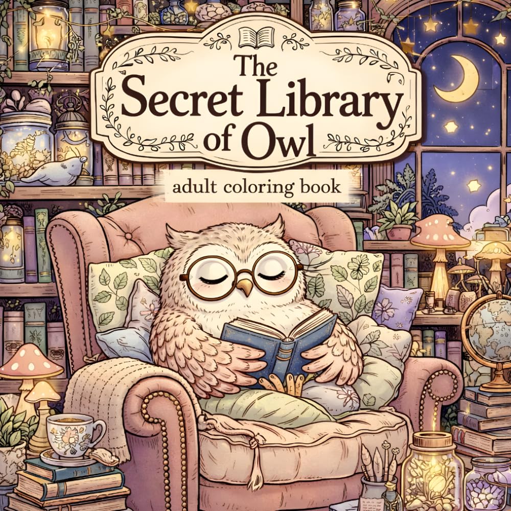 The Secret Library of Owl: A Whimsical Adult Coloring Book of Magical Bookshelves, Wise Guardians, and Enchanted Library Rooms for Relaxation & Mindfulness