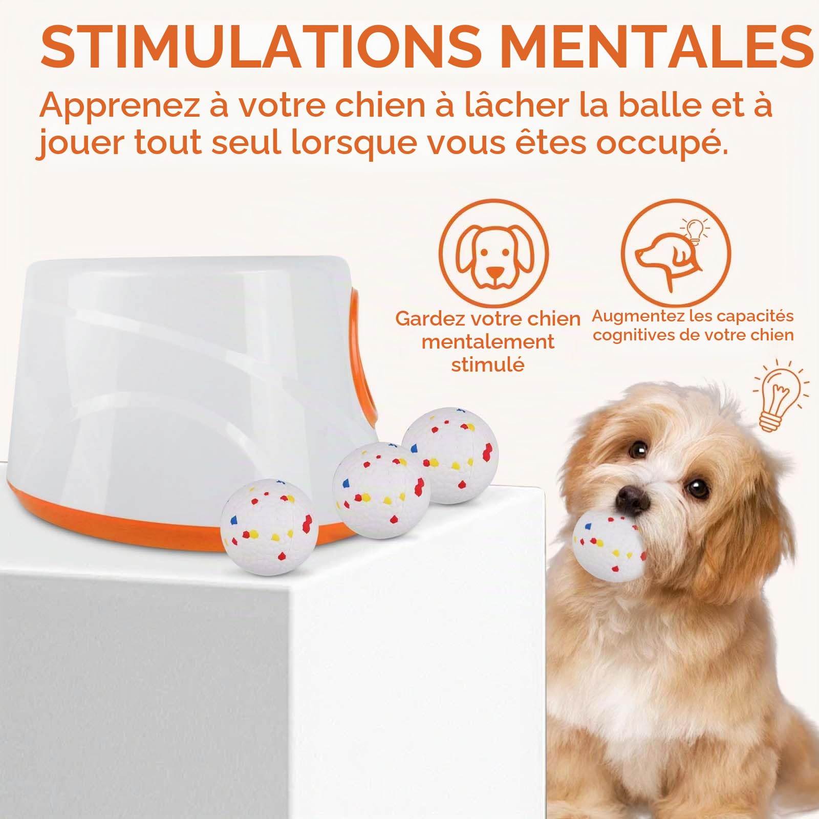 Lanceur de Balle Automatique pour Chien, avec 3 Balles de Tennis ETPU 5,8 cm, 3 Distances Réglables 5,7/9,7/13,7 m, Rechargeable, Jouet Interactif pour Chiens de Petite et Moyenne Taille (Orange)