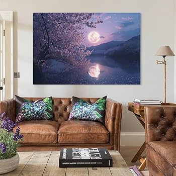Amazon.co.jp: 絵画 桜湖に映る月夜インテリア 絵画 美しい自然の風景